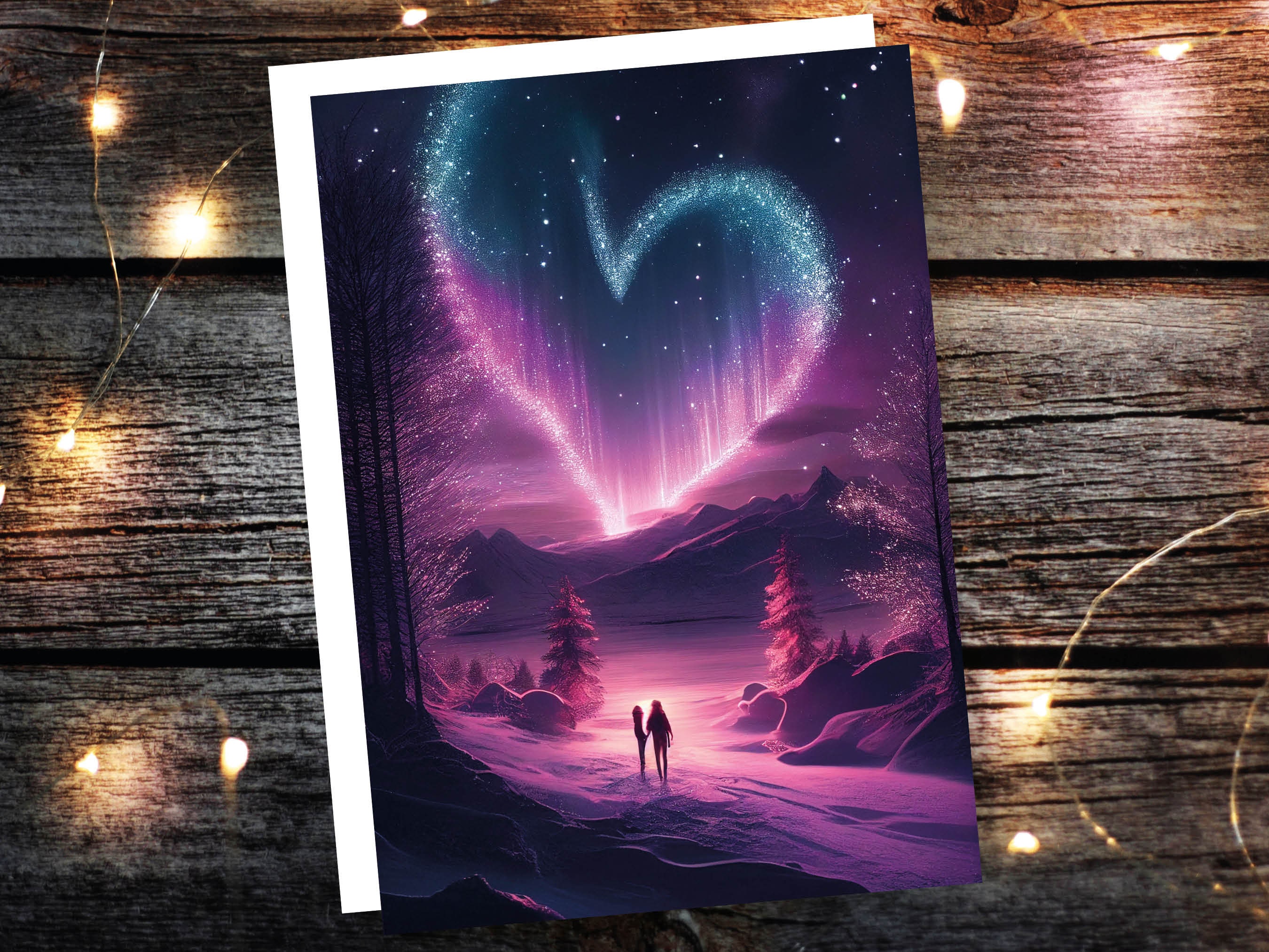 Romantic Northern Lights Heart Greeting Card for Valentines Day Anniversary Wedding Marriage Night Sky Stars Magical Couple in Love Scene - View 5