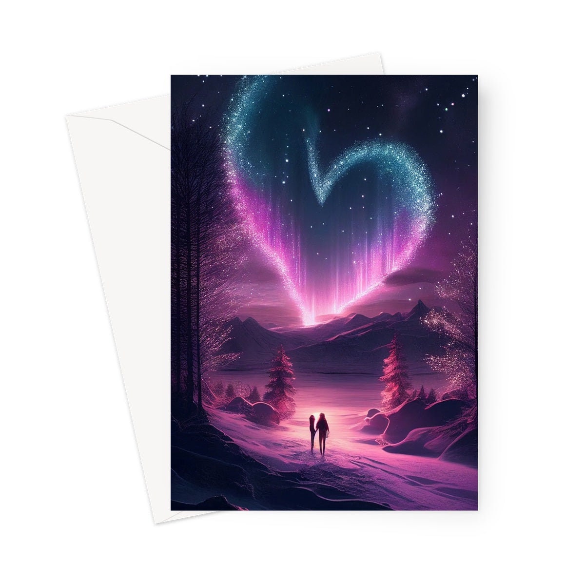 Romantic Northern Lights Heart Greeting Card for Valentines Day Anniversary Wedding Marriage Night Sky Stars Magical Couple in Love Scene - View 10