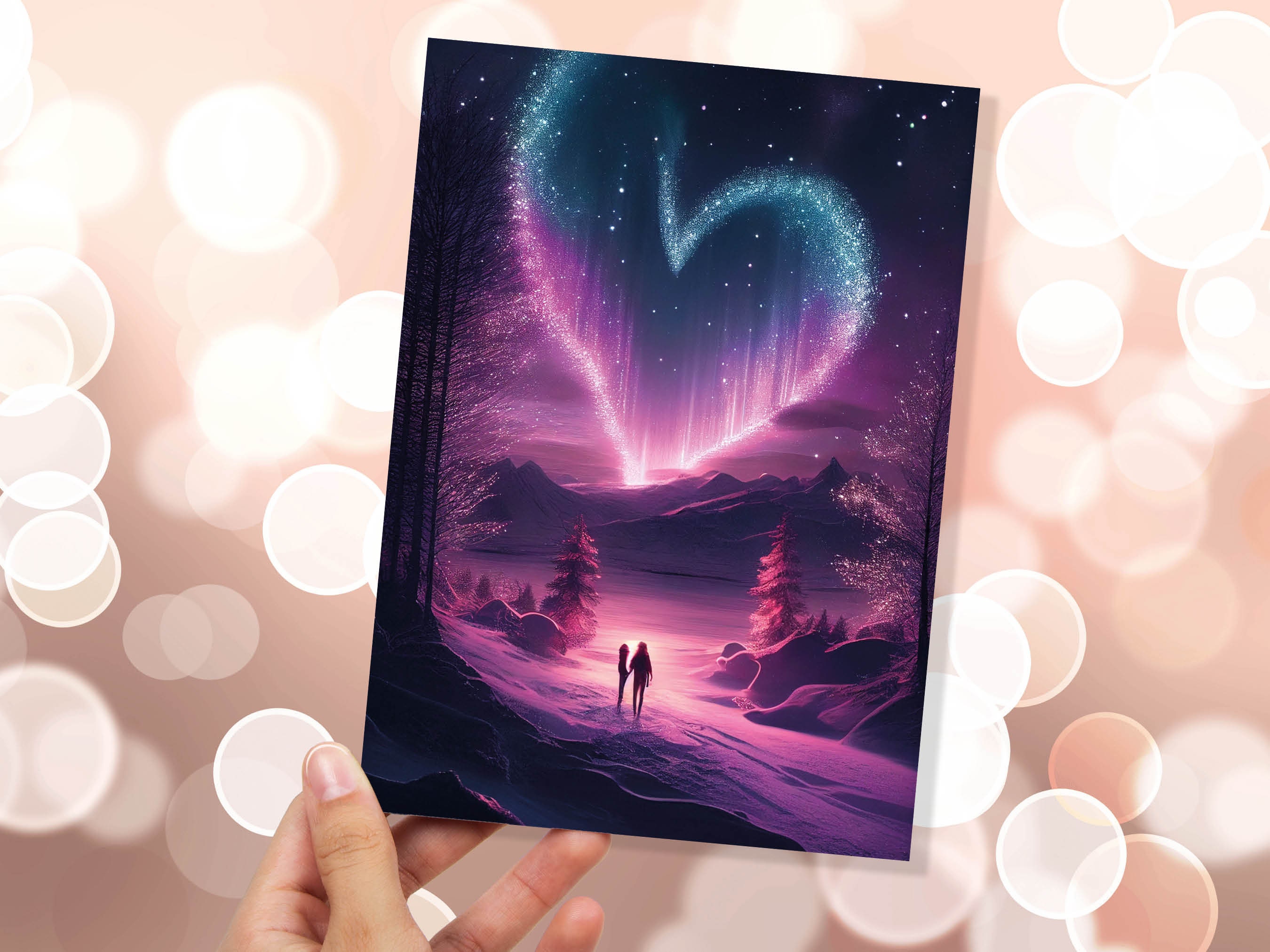 Romantic Northern Lights Heart Greeting Card for Valentines Day Anniversary Wedding Marriage Night Sky Stars Magical Couple in Love Scene - View 6