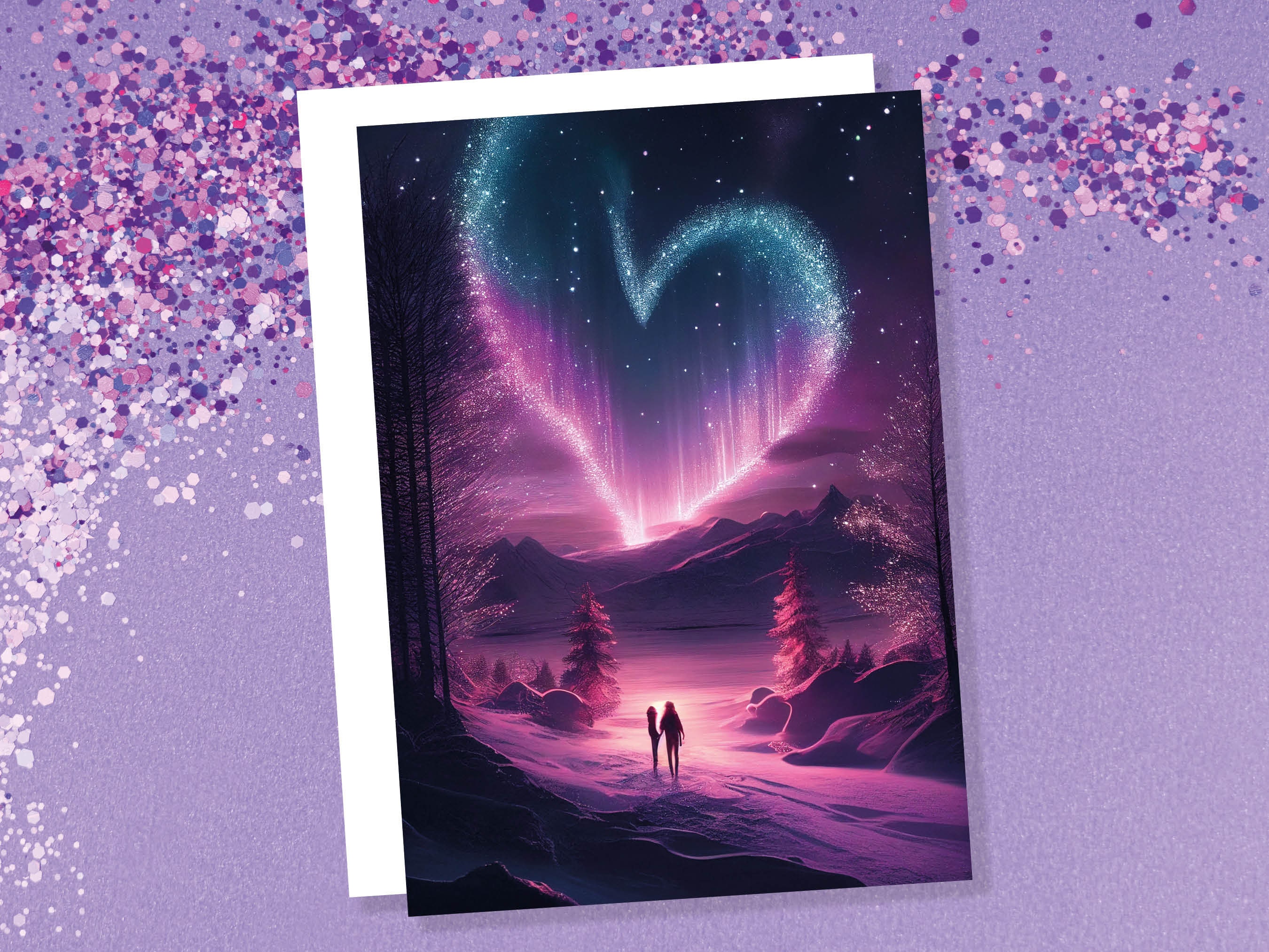 Romantic Northern Lights Heart Greeting Card for Valentines Day Anniversary Wedding Marriage Night Sky Stars Magical Couple in Love Scene - View 2