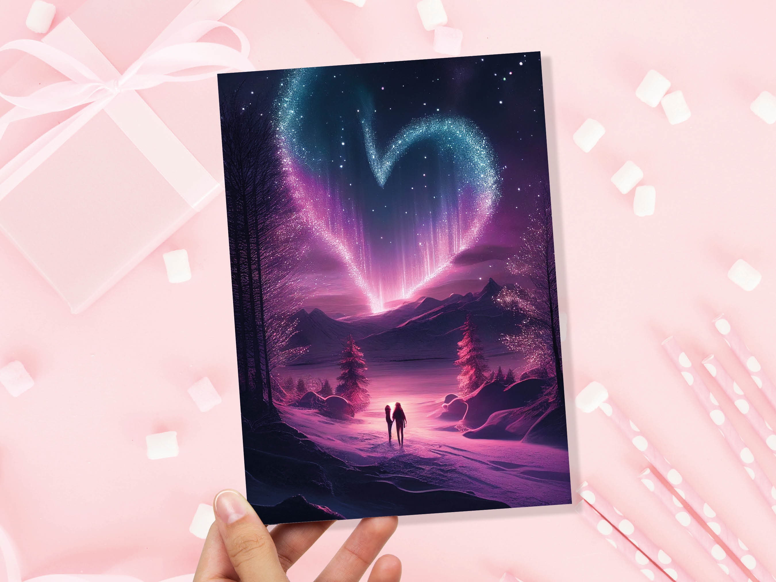 Romantic Northern Lights Heart Greeting Card for Valentines Day Anniversary Wedding Marriage Night Sky Stars Magical Couple in Love Scene - View 7