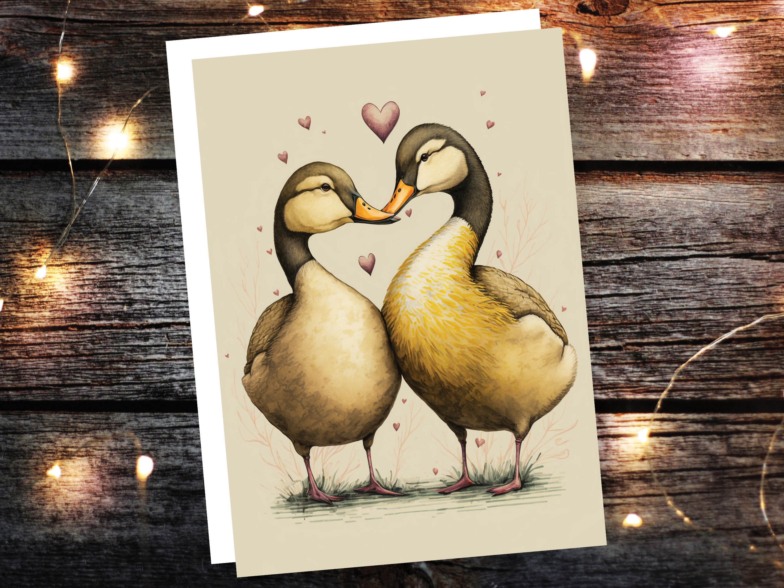 Cute Ducks in Love Greeting Card for Anniversaries Wedding Valentines Day Romantic Vintage Yellow Illustration Couples Spouse Galentines BFF