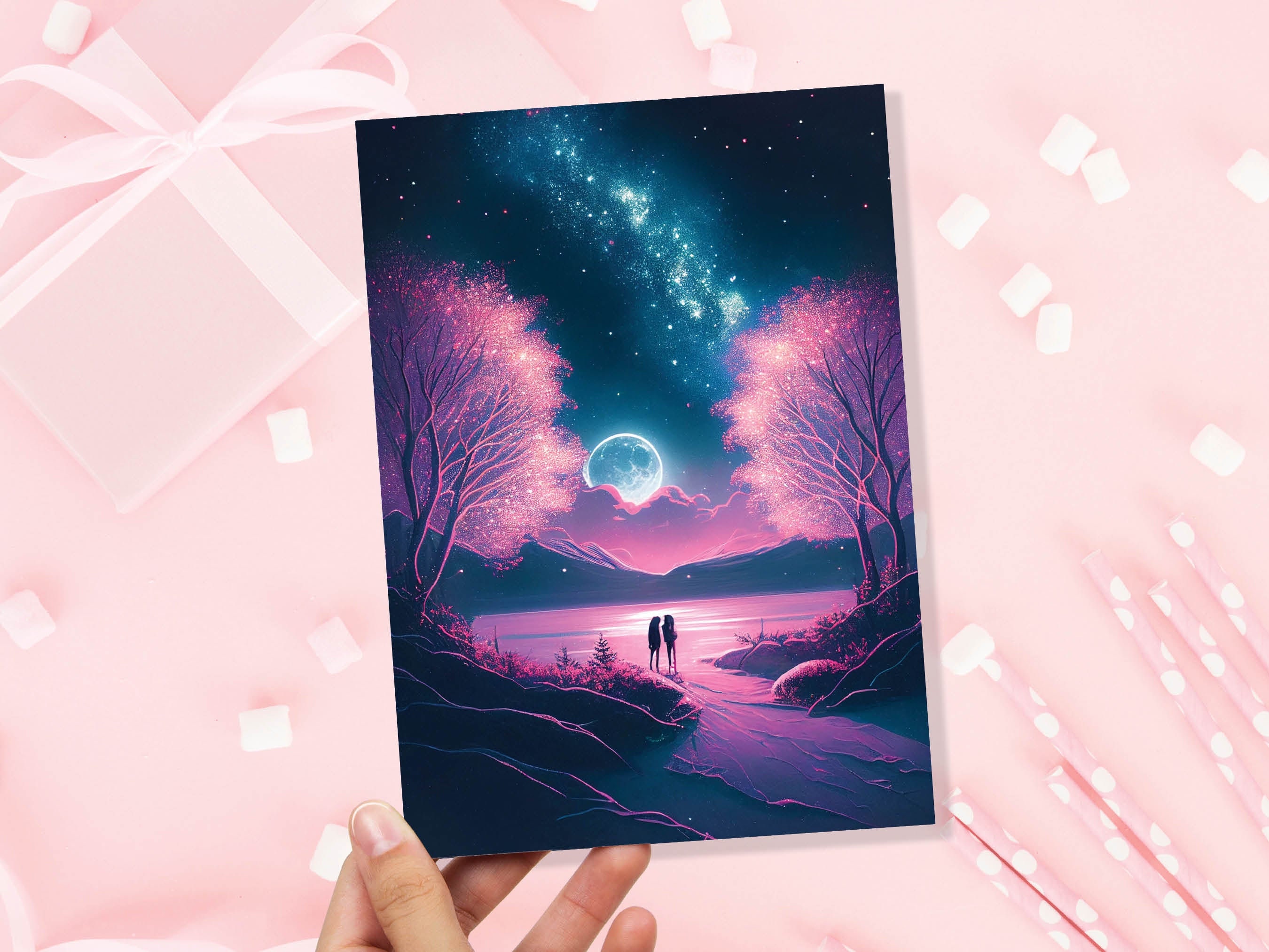 Couples In Moonlight Horizon Underneath The Galaxy Greeting Card Romantic for Couples Her Wife Girlfriend Babe Darling Anniversary Monthsary