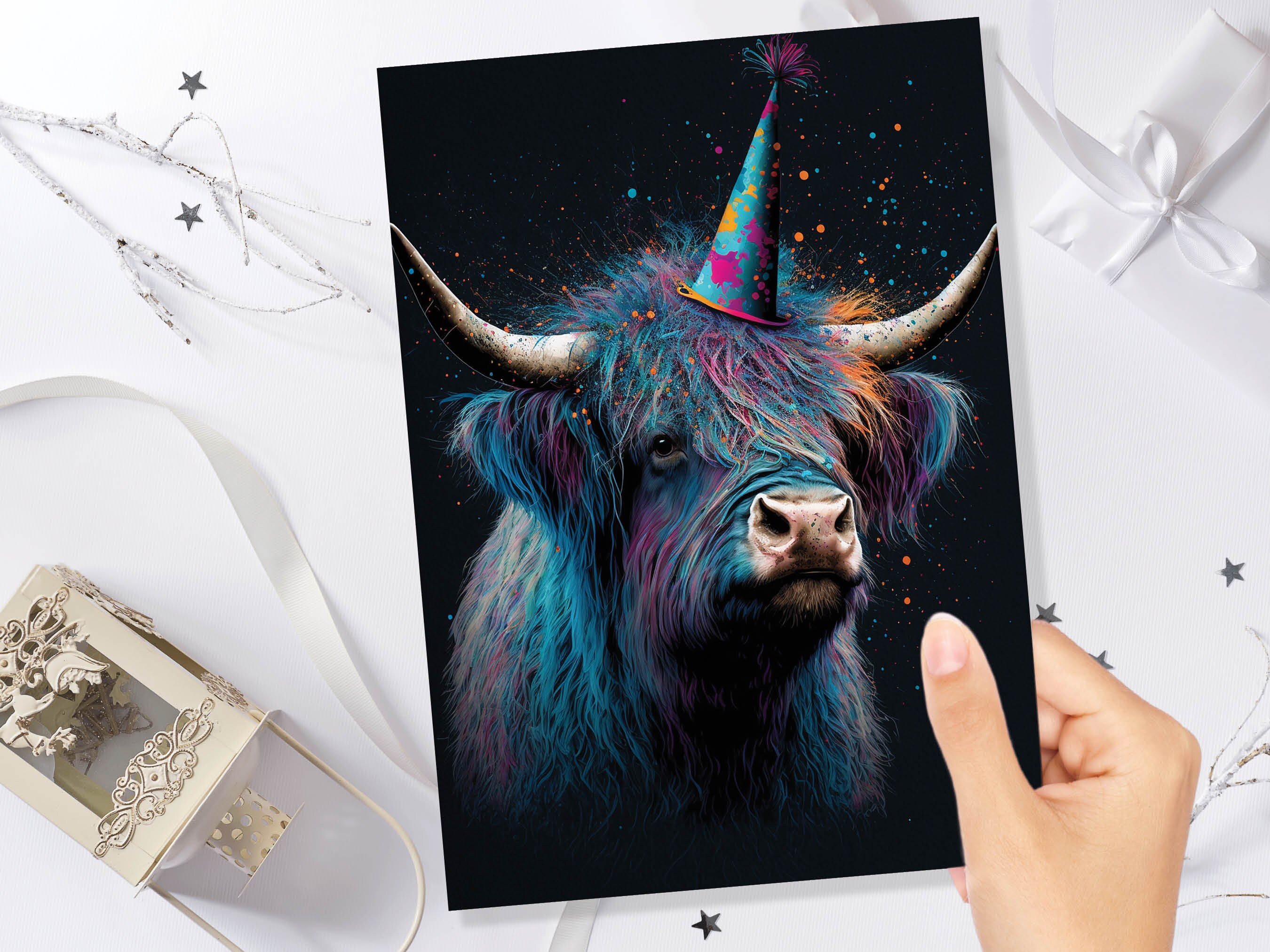 Colourful Vibrant Highland Cow With Beautiful Party Cap Greeting Card Enchanted Scottish for Wife Girlfriend Darling Anniversary Monthsary - View 10