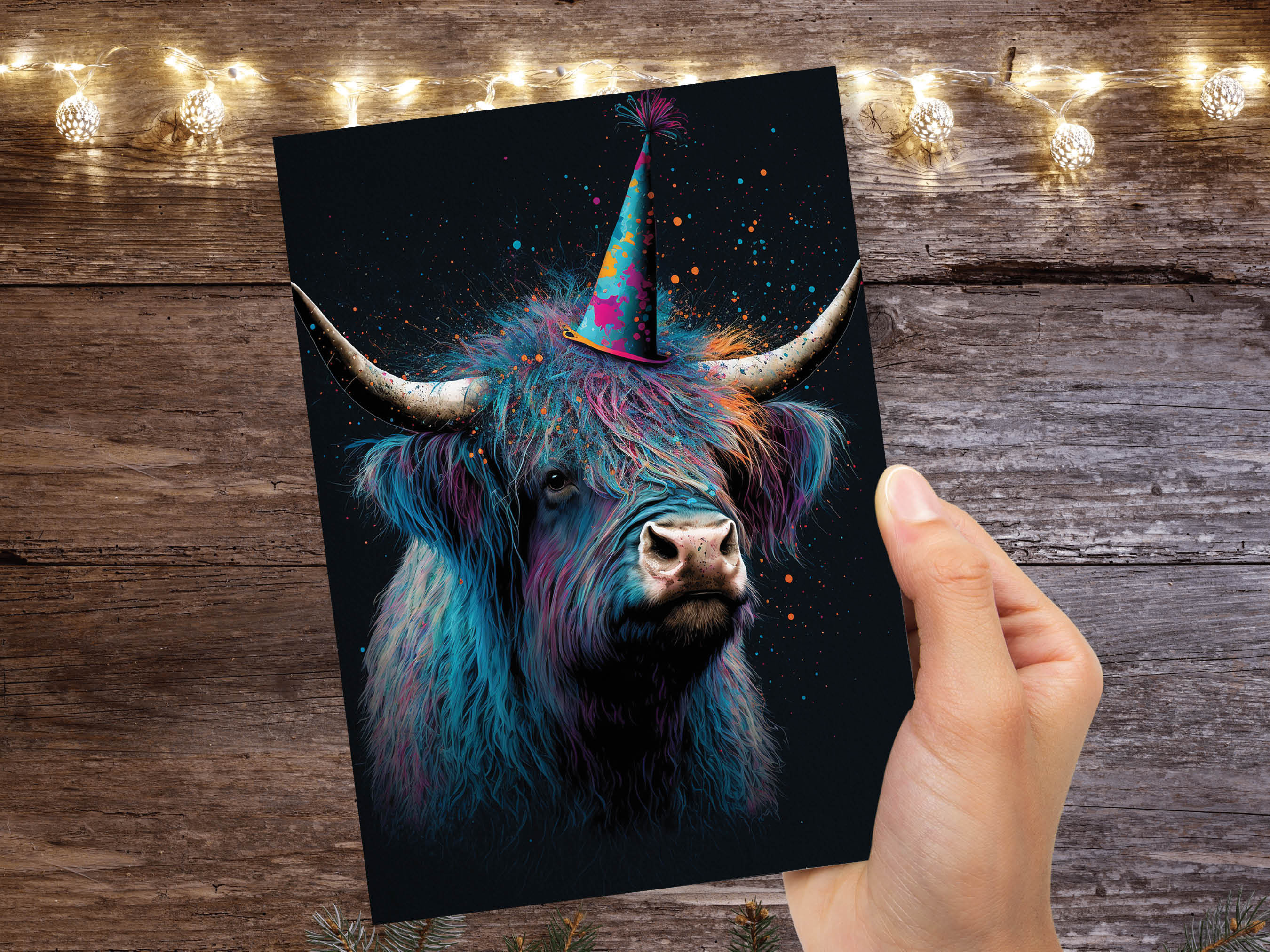 Colourful Vibrant Highland Cow With Beautiful Party Cap Greeting Card Enchanted Scottish for Wife Girlfriend Darling Anniversary Monthsary