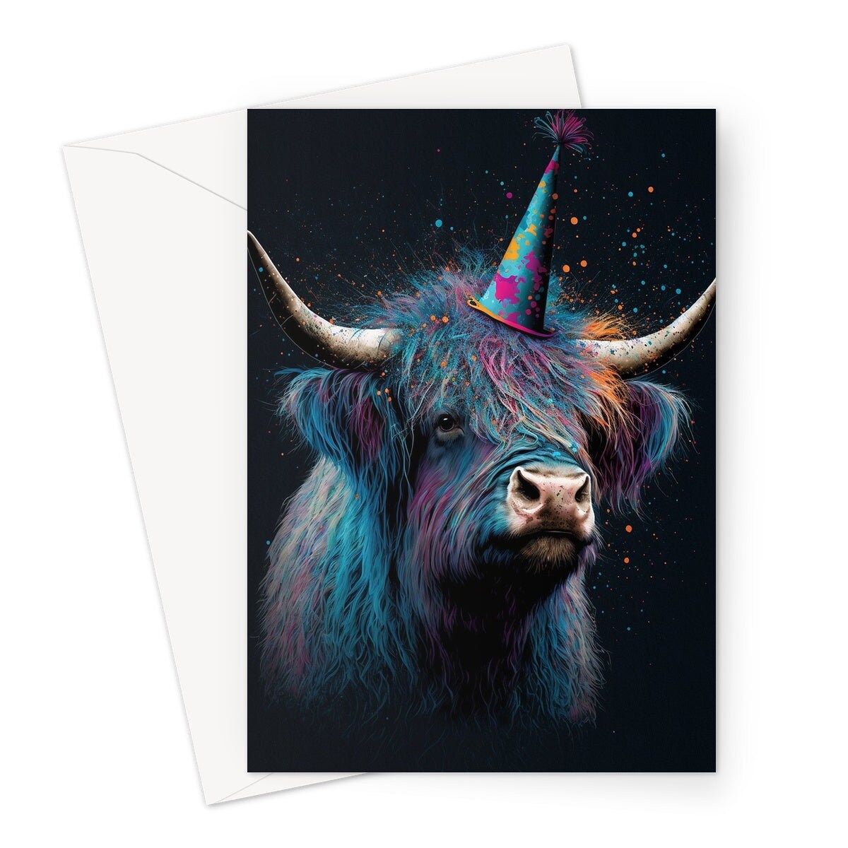 Colourful Vibrant Highland Cow With Beautiful Party Cap Greeting Card Enchanted Scottish for Wife Girlfriend Darling Anniversary Monthsary - View 2