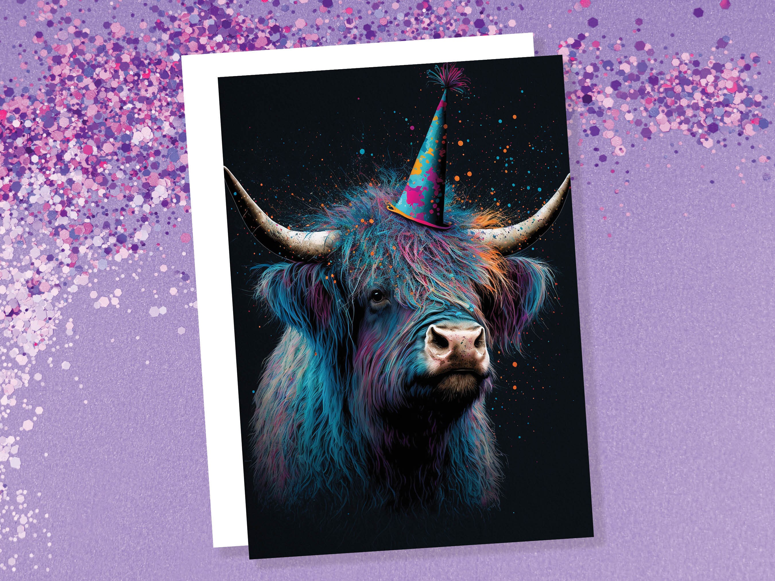 Colourful Vibrant Highland Cow With Beautiful Party Cap Greeting Card Enchanted Scottish for Wife Girlfriend Darling Anniversary Monthsary - View 4