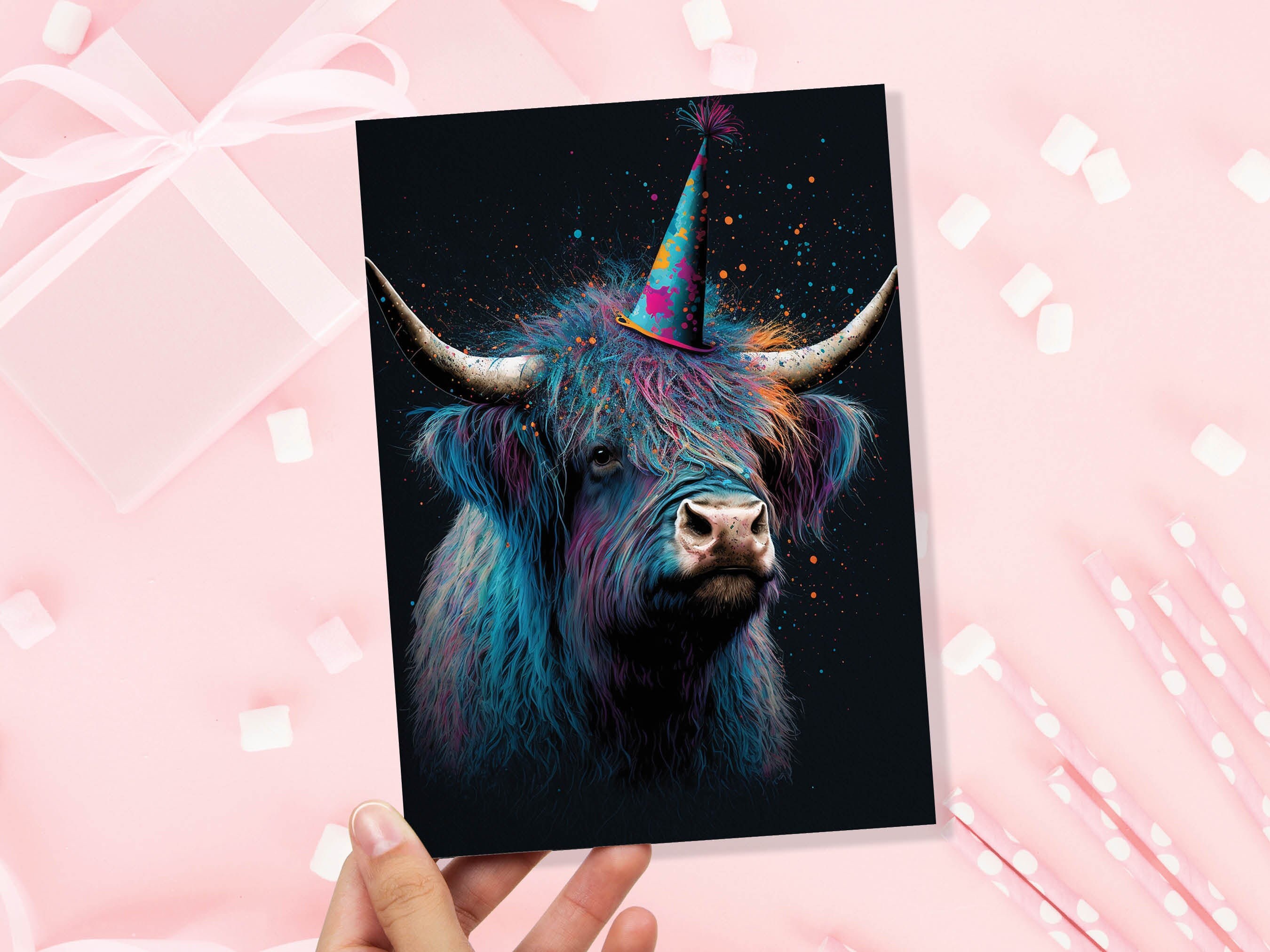 Colourful Vibrant Highland Cow With Beautiful Party Cap Greeting Card Enchanted Scottish for Wife Girlfriend Darling Anniversary Monthsary - View 5