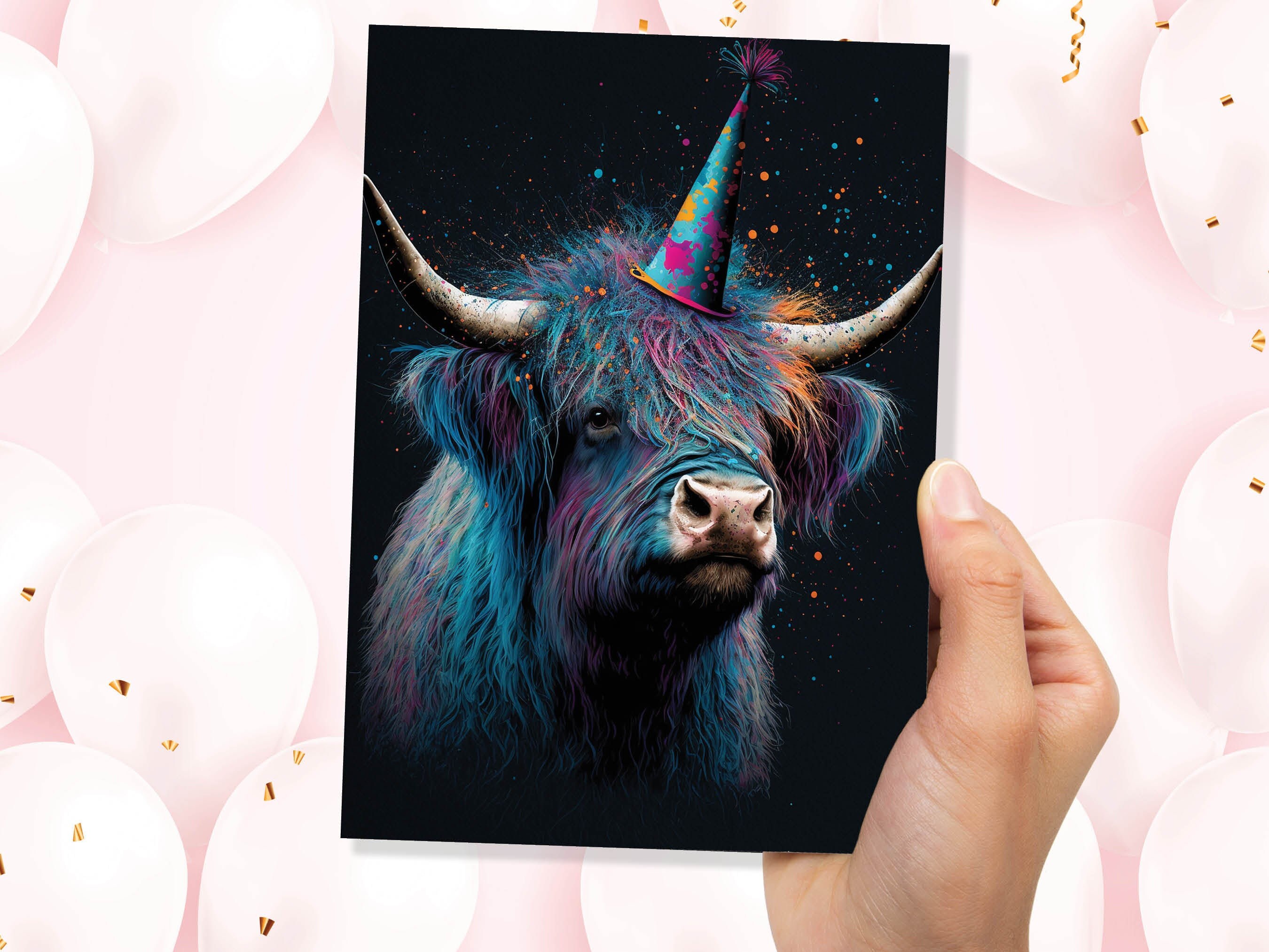 Colourful Vibrant Highland Cow With Beautiful Party Cap Greeting Card Enchanted Scottish for Wife Girlfriend Darling Anniversary Monthsary - View 6