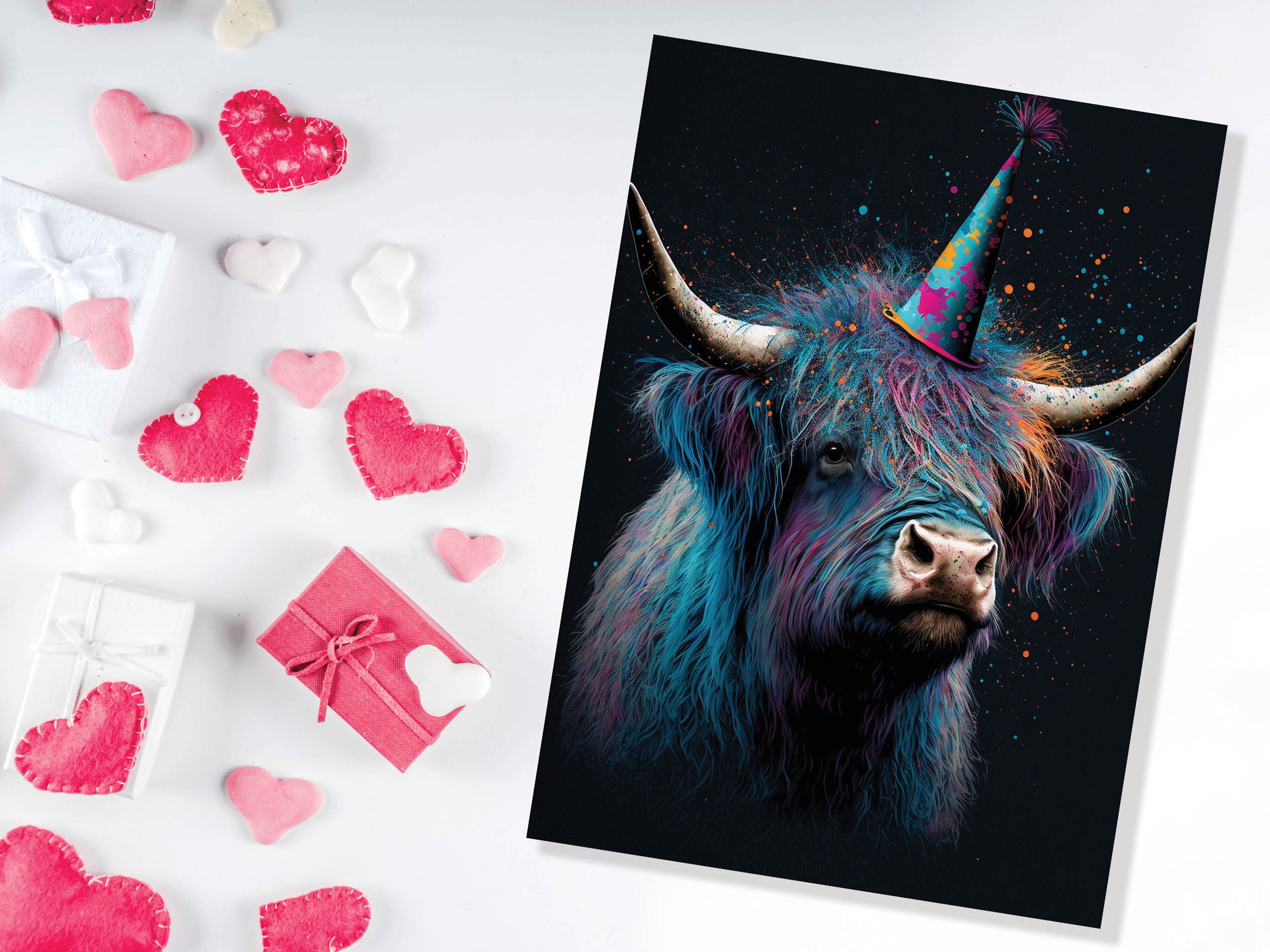 Colourful Vibrant Highland Cow With Beautiful Party Cap Greeting Card Enchanted Scottish for Wife Girlfriend Darling Anniversary Monthsary - View 7