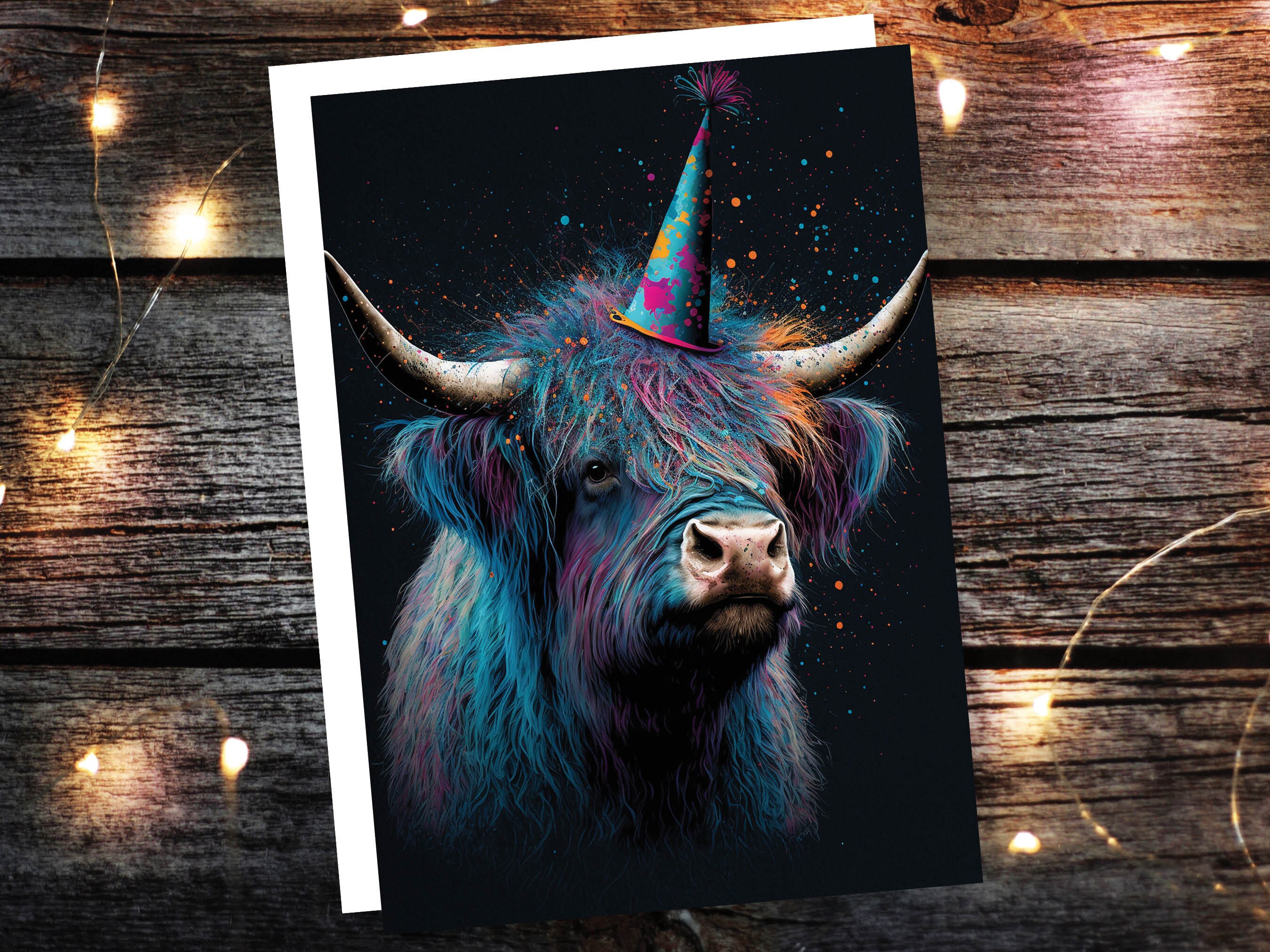 Colourful Vibrant Highland Cow With Beautiful Party Cap Greeting Card Enchanted Scottish for Wife Girlfriend Darling Anniversary Monthsary - View 8