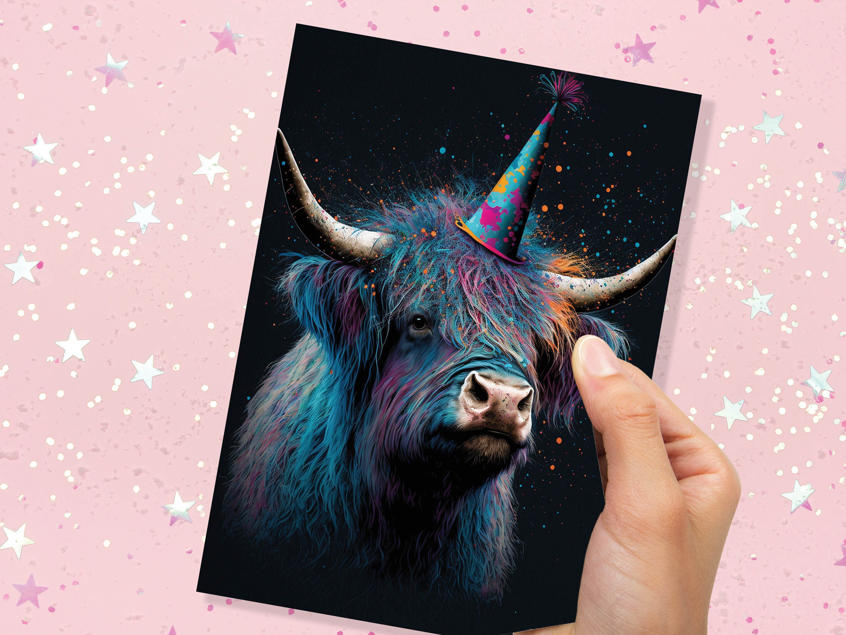 Colourful Vibrant Highland Cow With Beautiful Party Cap Greeting Card Enchanted Scottish for Wife Girlfriend Darling Anniversary Monthsary - View 9