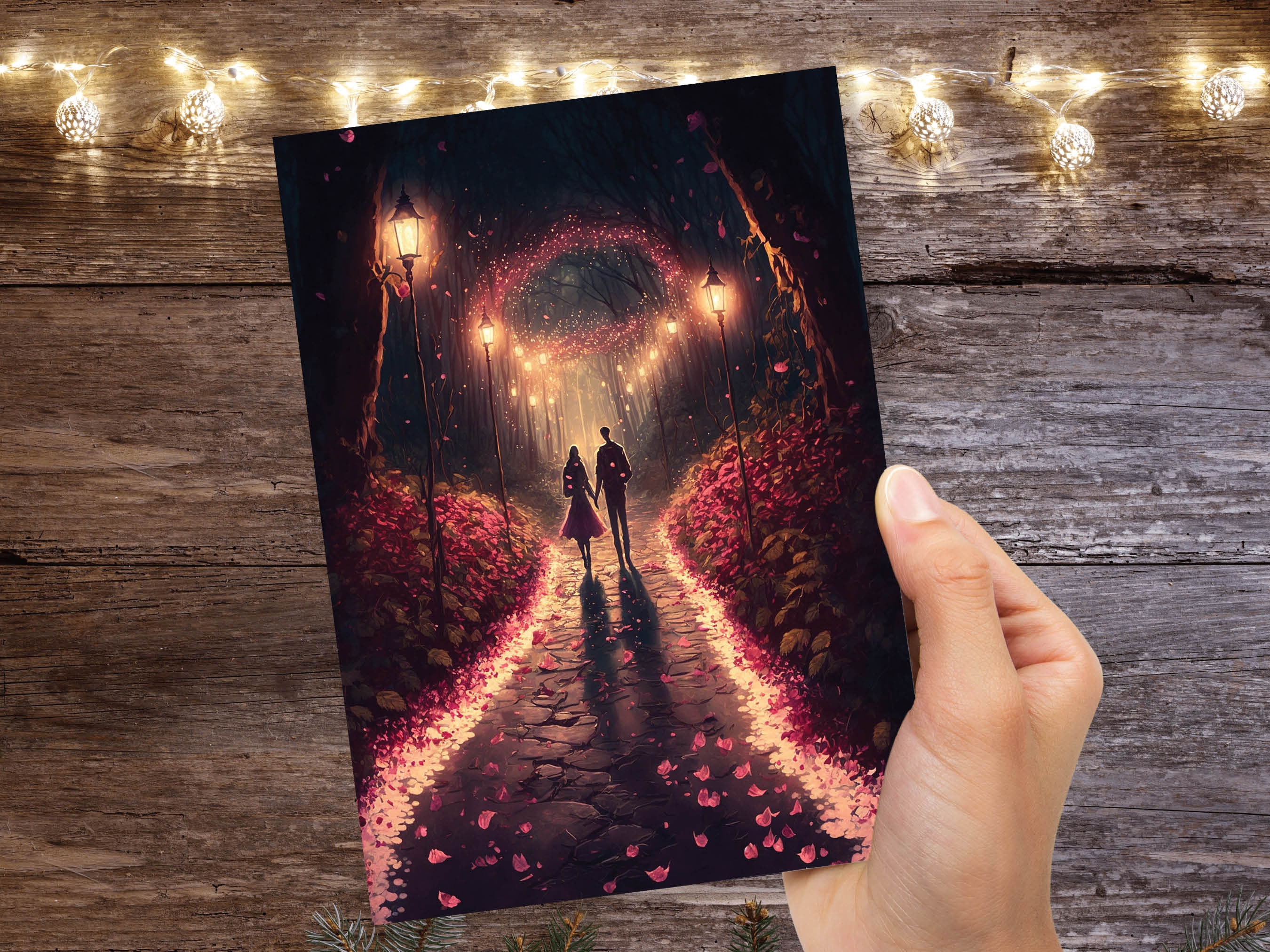 Lovers In A Magical Romantic Garden With Illuminating Night Lights Card Enchanted Couples Her Wife Girlfriend Darling Anniversary Monthsary - View 10