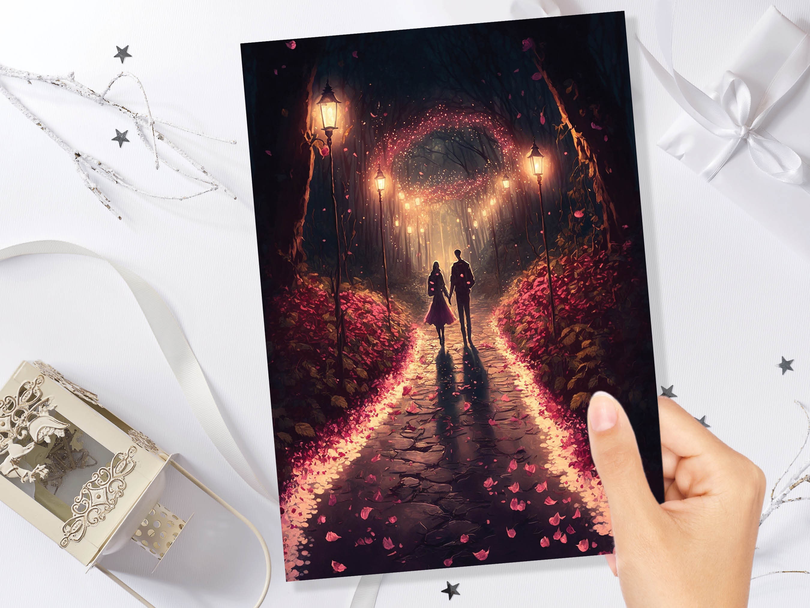 Lovers In A Magical Romantic Garden With Illuminating Night Lights Card Enchanted Couples Her Wife Girlfriend Darling Anniversary Monthsary