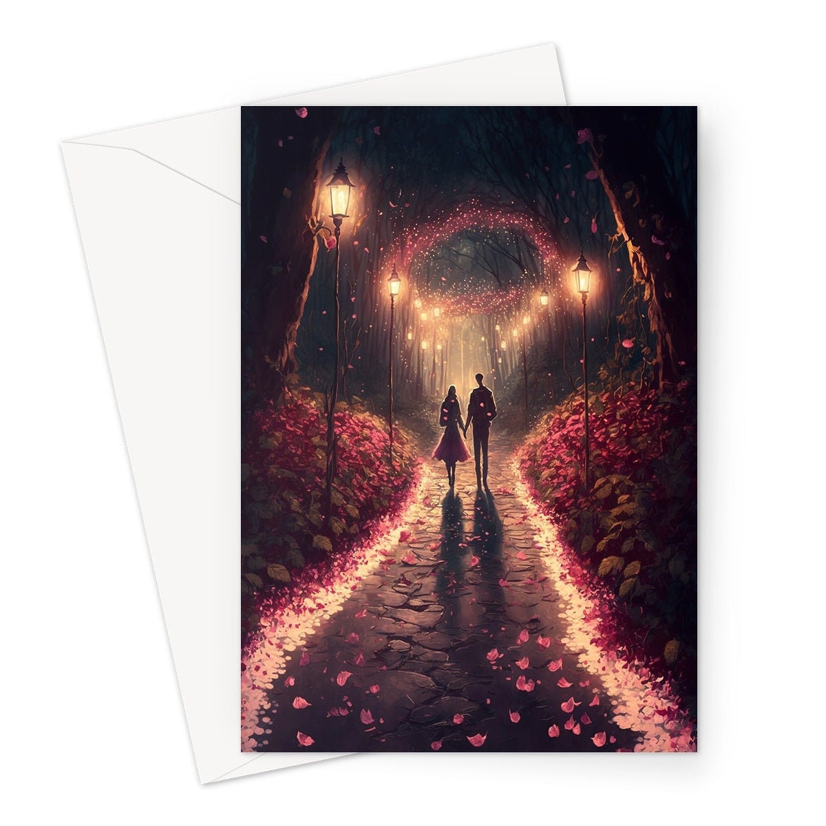 Lovers In A Magical Romantic Garden With Illuminating Night Lights Card Enchanted Couples Her Wife Girlfriend Darling Anniversary Monthsary - View 2