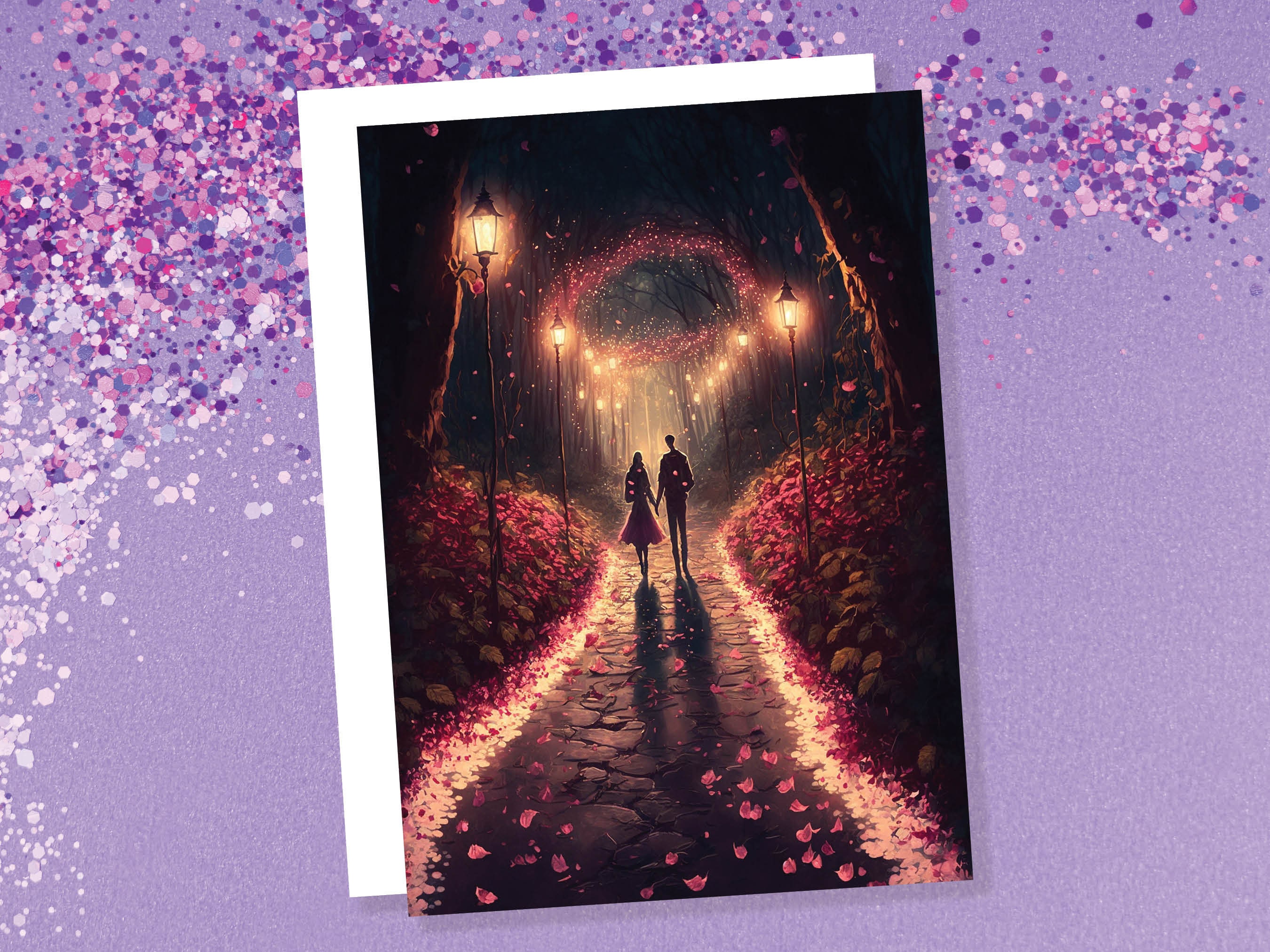 Lovers In A Magical Romantic Garden With Illuminating Night Lights Card Enchanted Couples Her Wife Girlfriend Darling Anniversary Monthsary - View 4