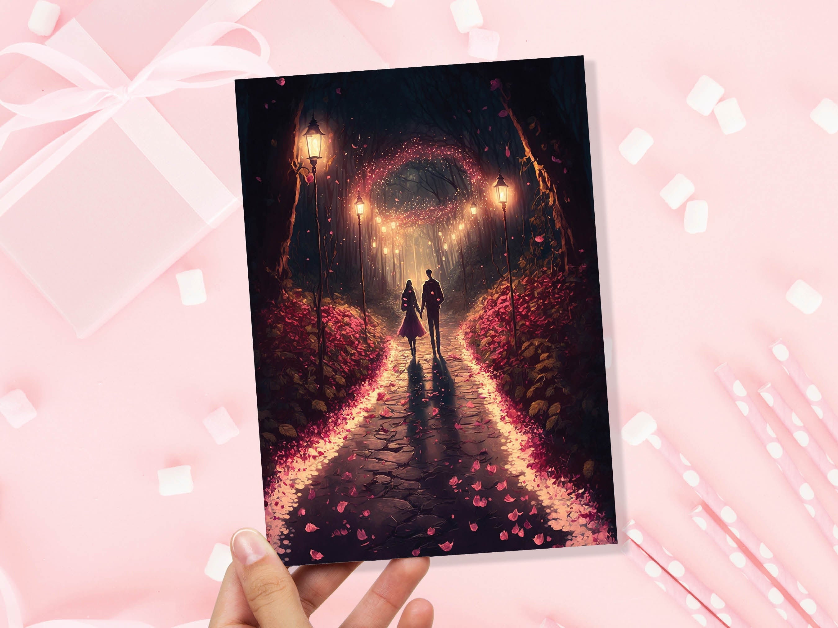 Lovers In A Magical Romantic Garden With Illuminating Night Lights Card Enchanted Couples Her Wife Girlfriend Darling Anniversary Monthsary - View 5