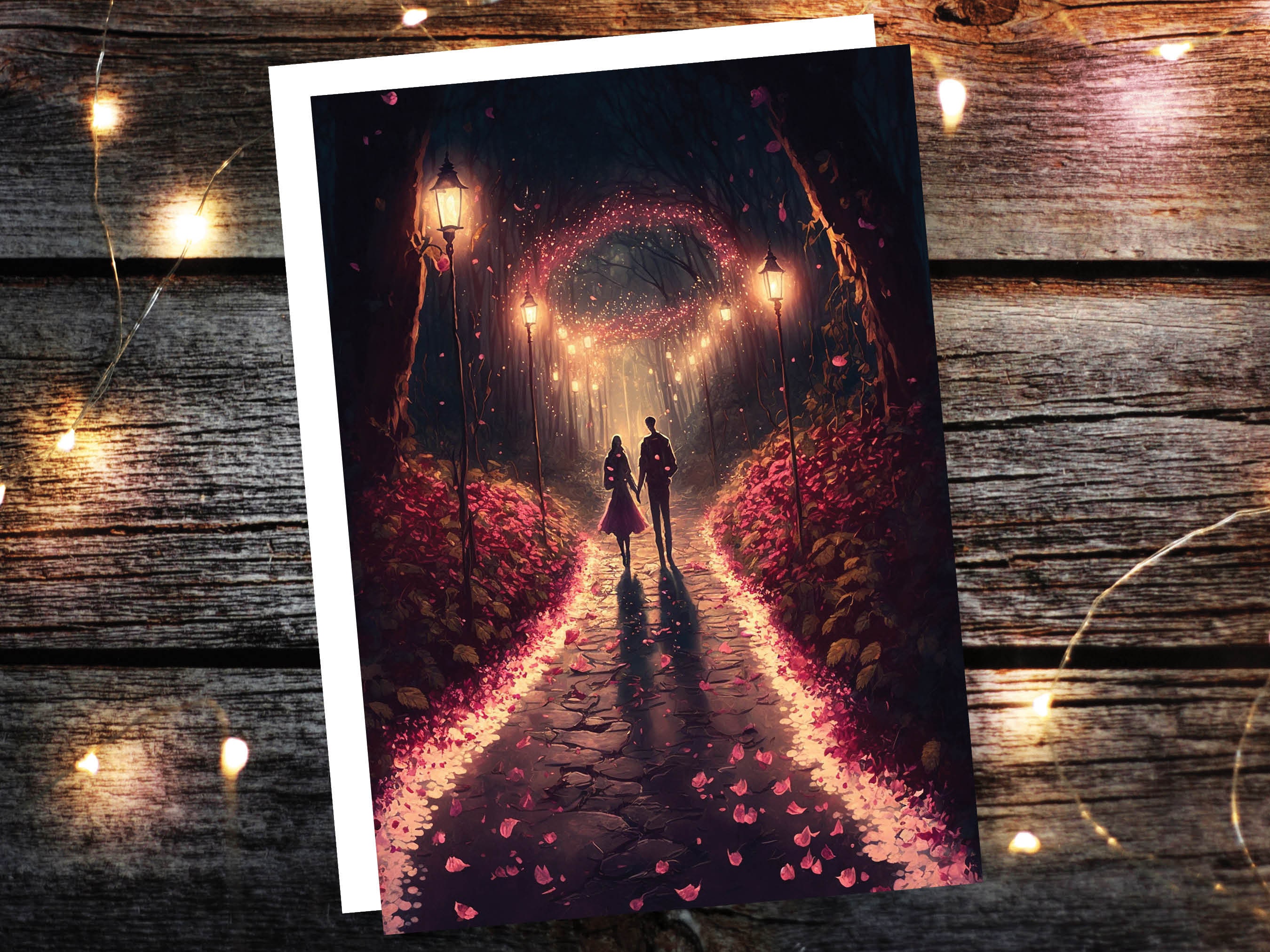 Lovers In A Magical Romantic Garden With Illuminating Night Lights Card Enchanted Couples Her Wife Girlfriend Darling Anniversary Monthsary - View 8