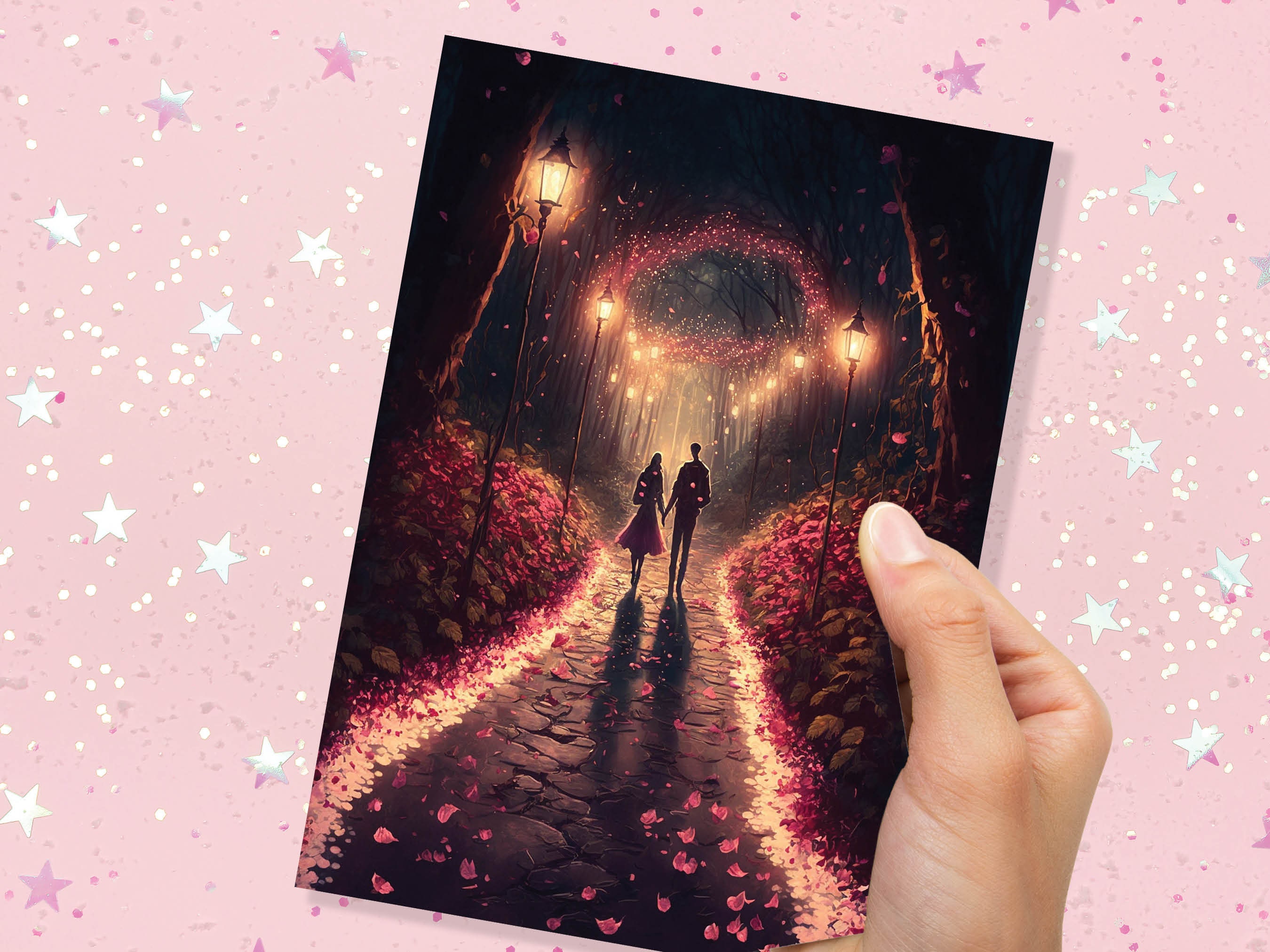 Lovers In A Magical Romantic Garden With Illuminating Night Lights Card Enchanted Couples Her Wife Girlfriend Darling Anniversary Monthsary - View 9