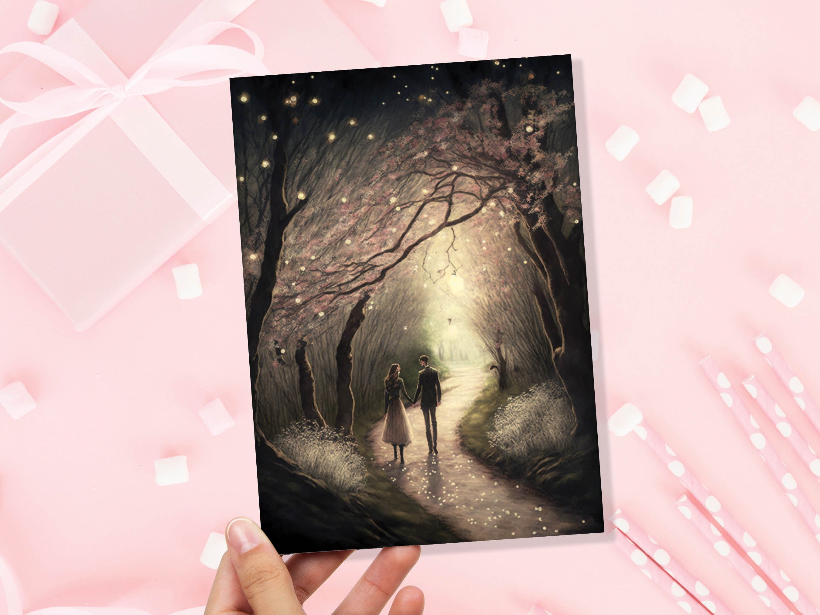 Lovers In Mystical Whimsical Magical Garden Greeting Card Romantic Enchanted Couples Her Wife Girlfriend Babe Darling Anniversary Monthsary - View 5