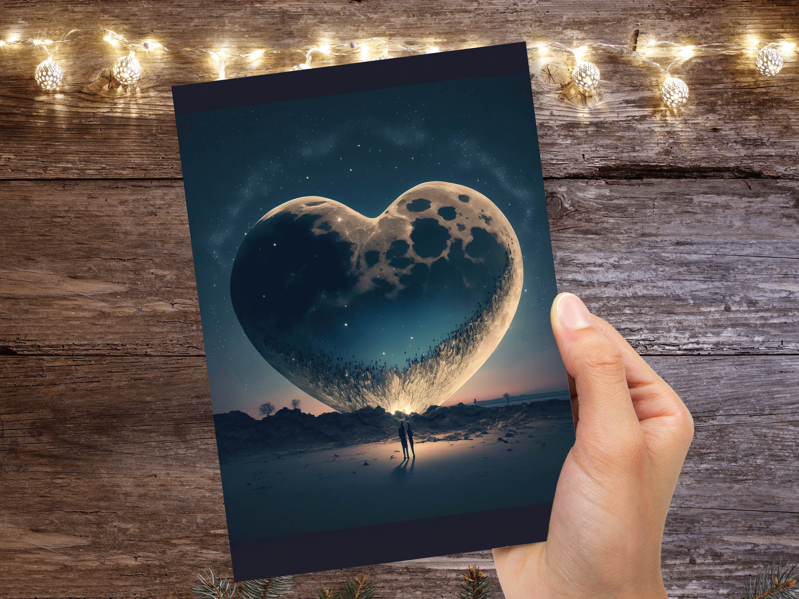 Lovers Under A Heart-Shaped Moon In A Starry Night Greeting Card Romantic for Couples Her Wife Girlfriend Babe Darling Anniversary Monthsary - View 9