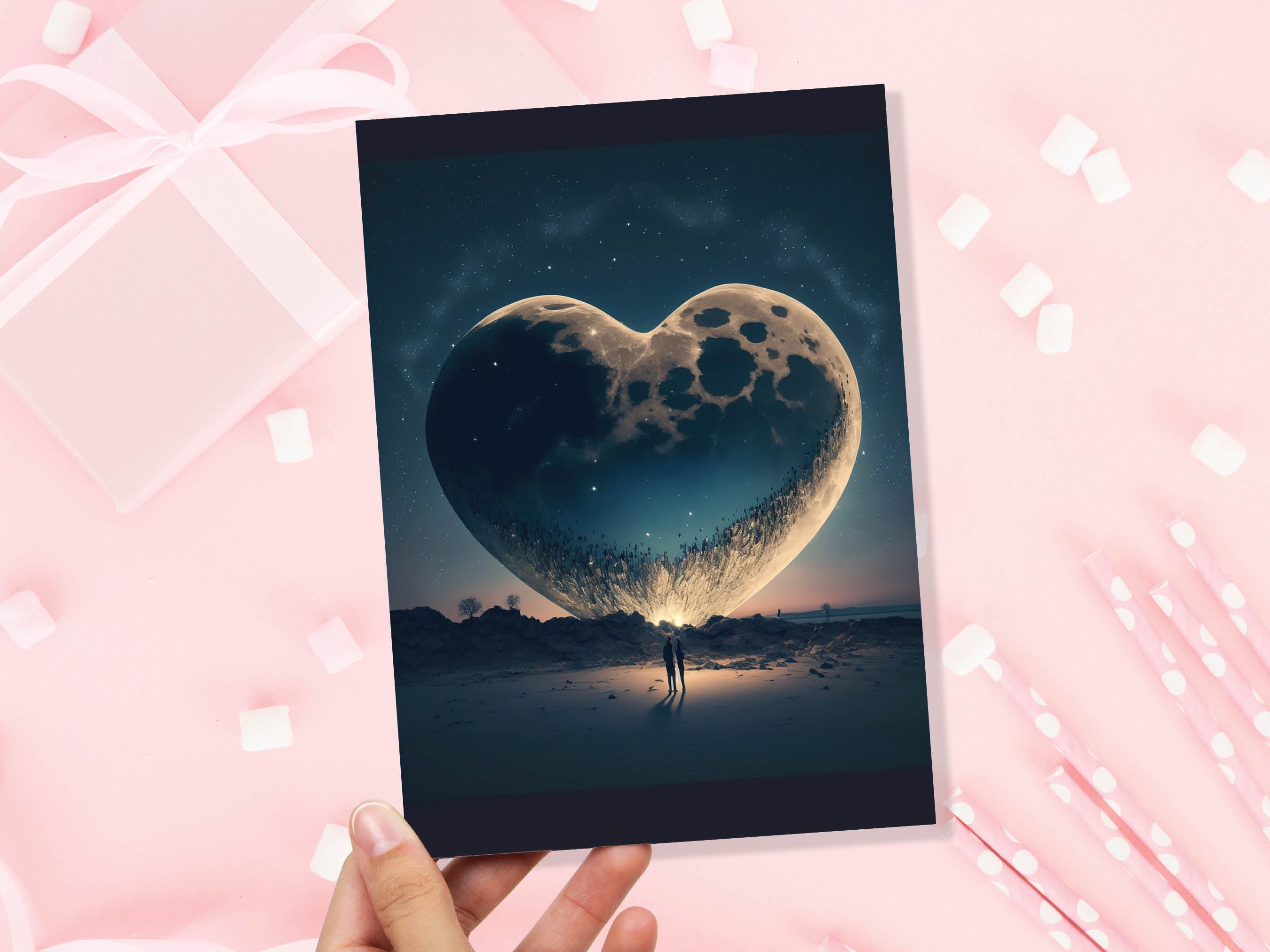 Lovers Under A Heart-Shaped Moon In A Starry Night Greeting Card Romantic for Couples Her Wife Girlfriend Babe Darling Anniversary Monthsary - View 6