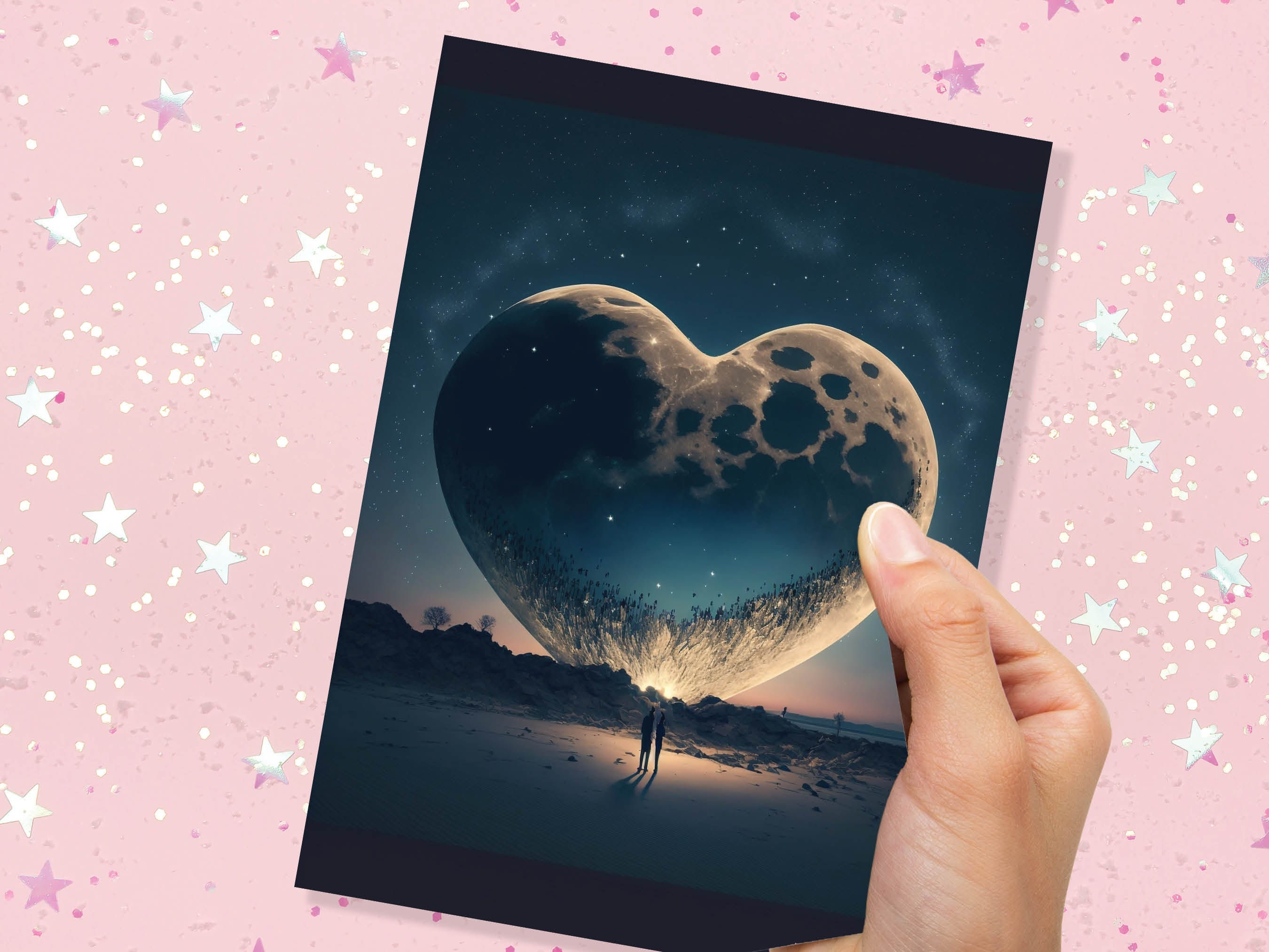 Lovers Under A Heart-Shaped Moon In A Starry Night Greeting Card Romantic for Couples Her Wife Girlfriend Babe Darling Anniversary Monthsary - View 8