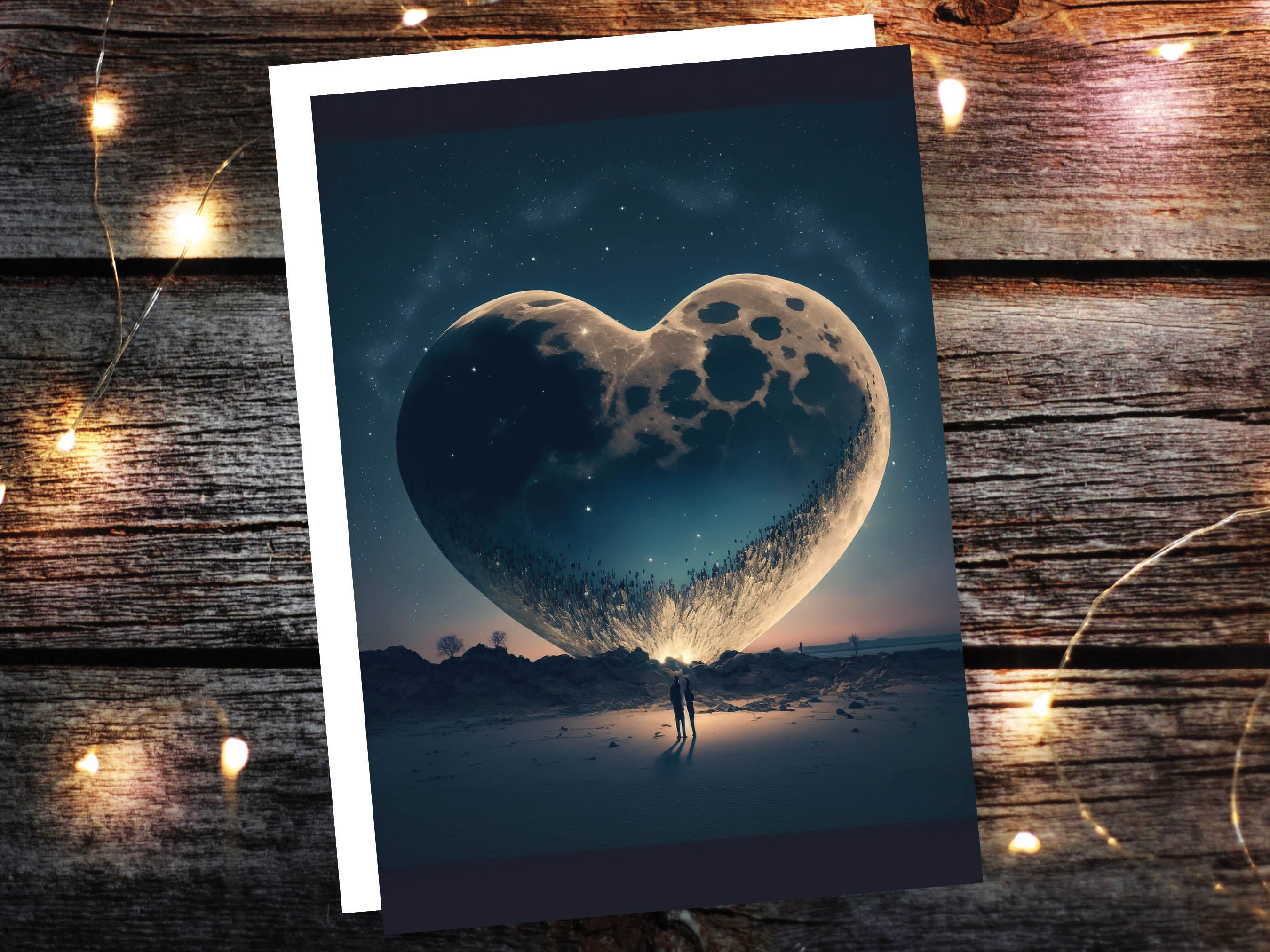 Lovers Under A Heart-Shaped Moon In A Starry Night Greeting Card Romantic for Couples Her Wife Girlfriend Babe Darling Anniversary Monthsary - View 2