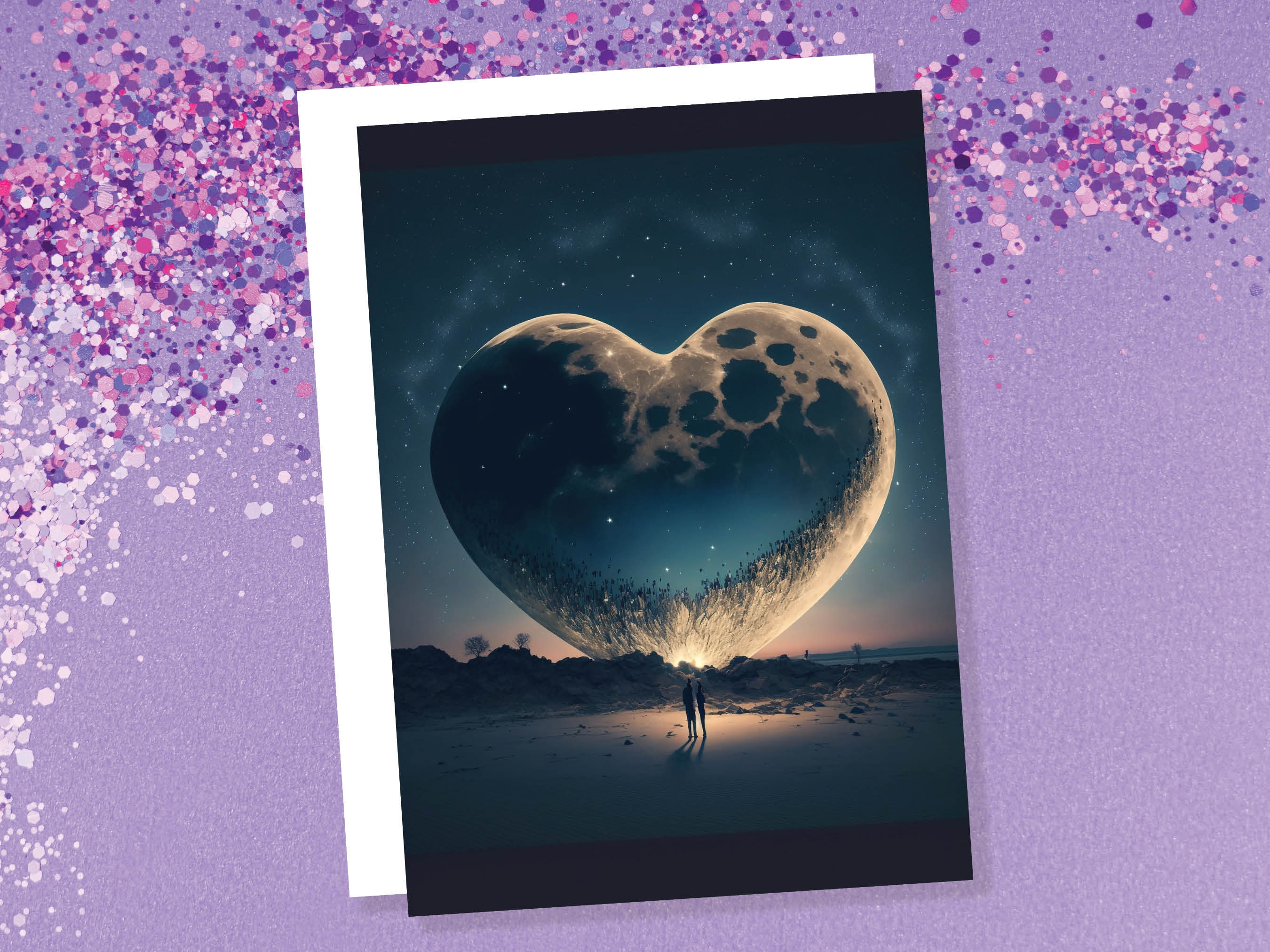 Lovers Under A Heart-Shaped Moon In A Starry Night Greeting Card Romantic for Couples Her Wife Girlfriend Babe Darling Anniversary Monthsary - View 5