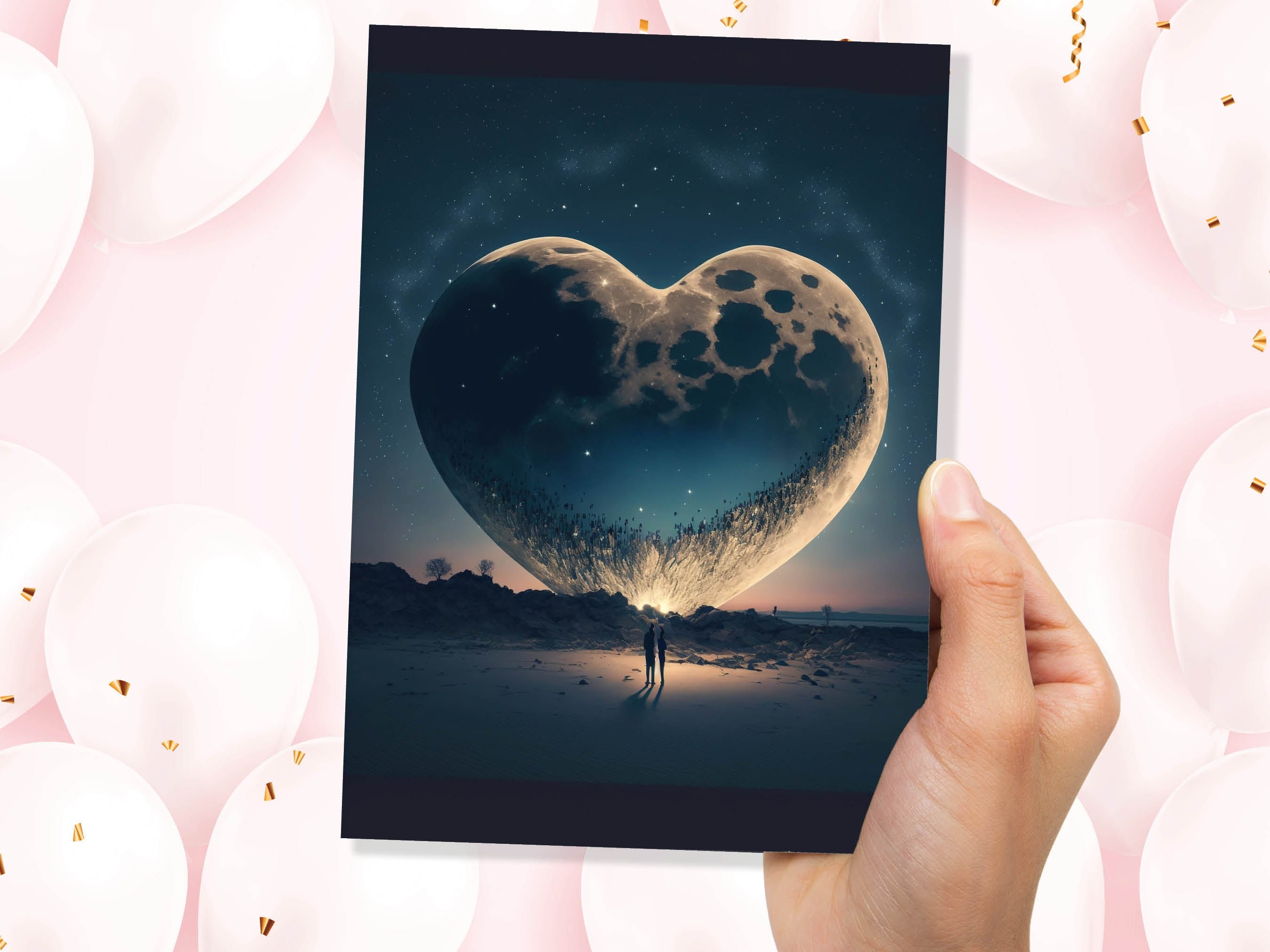 Lovers Under A Heart-Shaped Moon In A Starry Night Greeting Card Romantic for Couples Her Wife Girlfriend Babe Darling Anniversary Monthsary