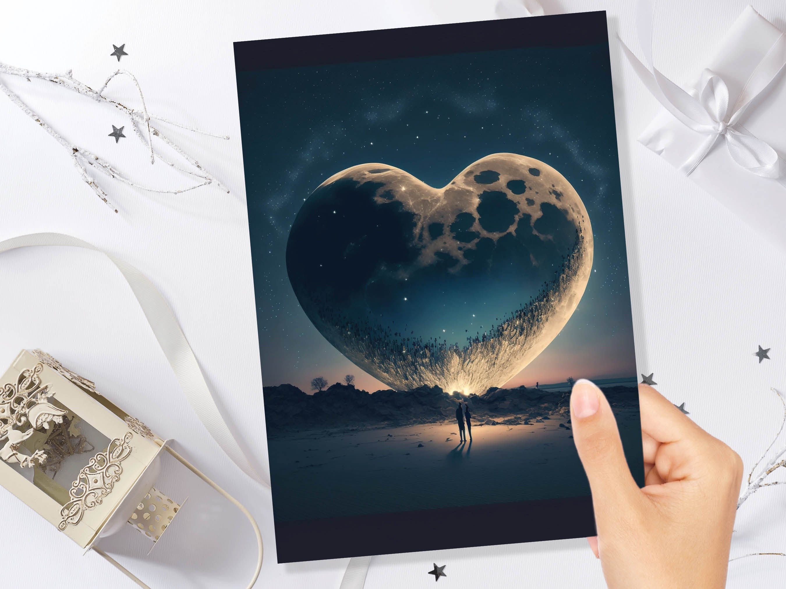 Lovers Under A Heart-Shaped Moon In A Starry Night Greeting Card Romantic for Couples Her Wife Girlfriend Babe Darling Anniversary Monthsary - View 10