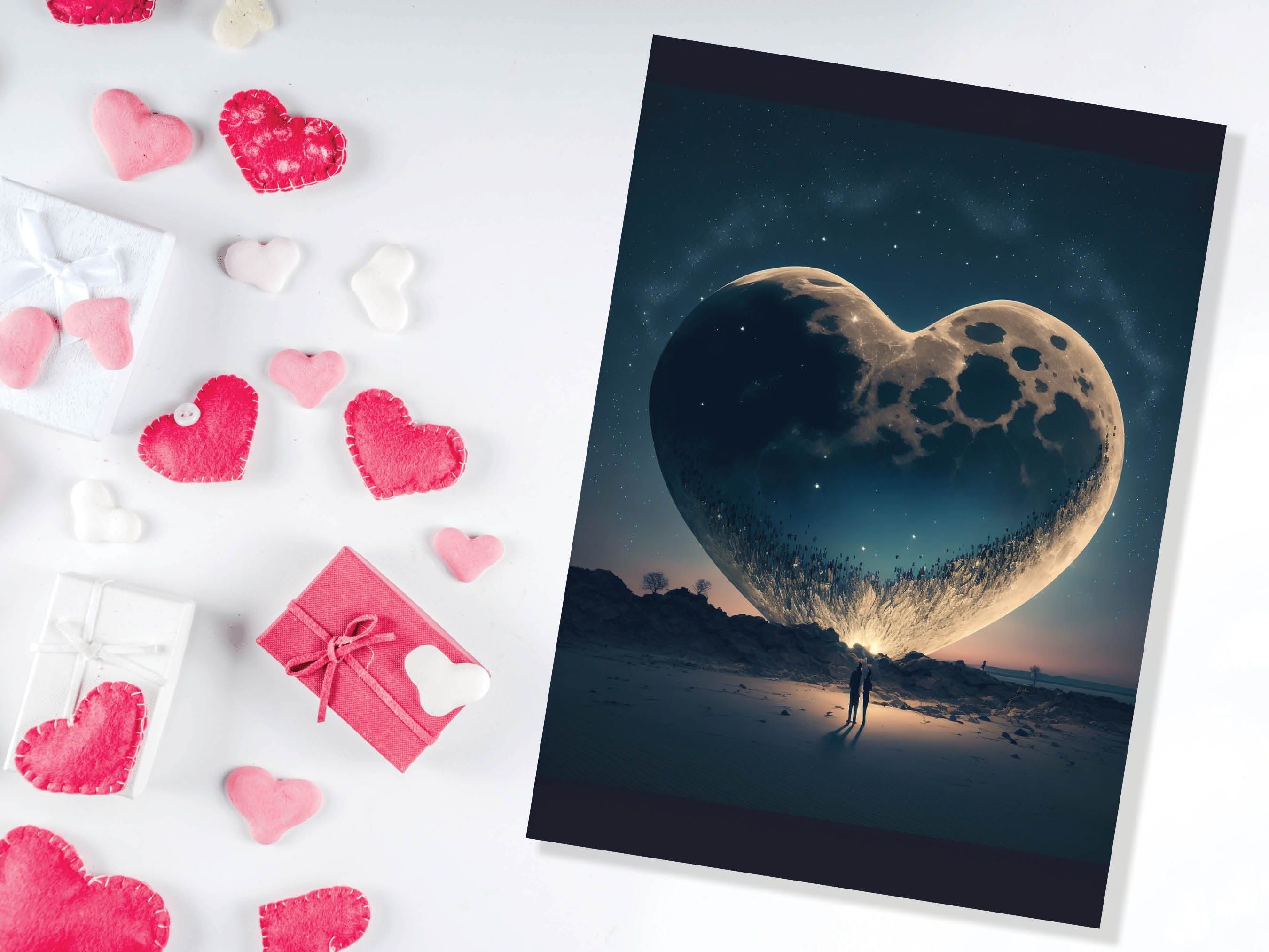 Lovers Under A Heart-Shaped Moon In A Starry Night Greeting Card Romantic for Couples Her Wife Girlfriend Babe Darling Anniversary Monthsary - View 7