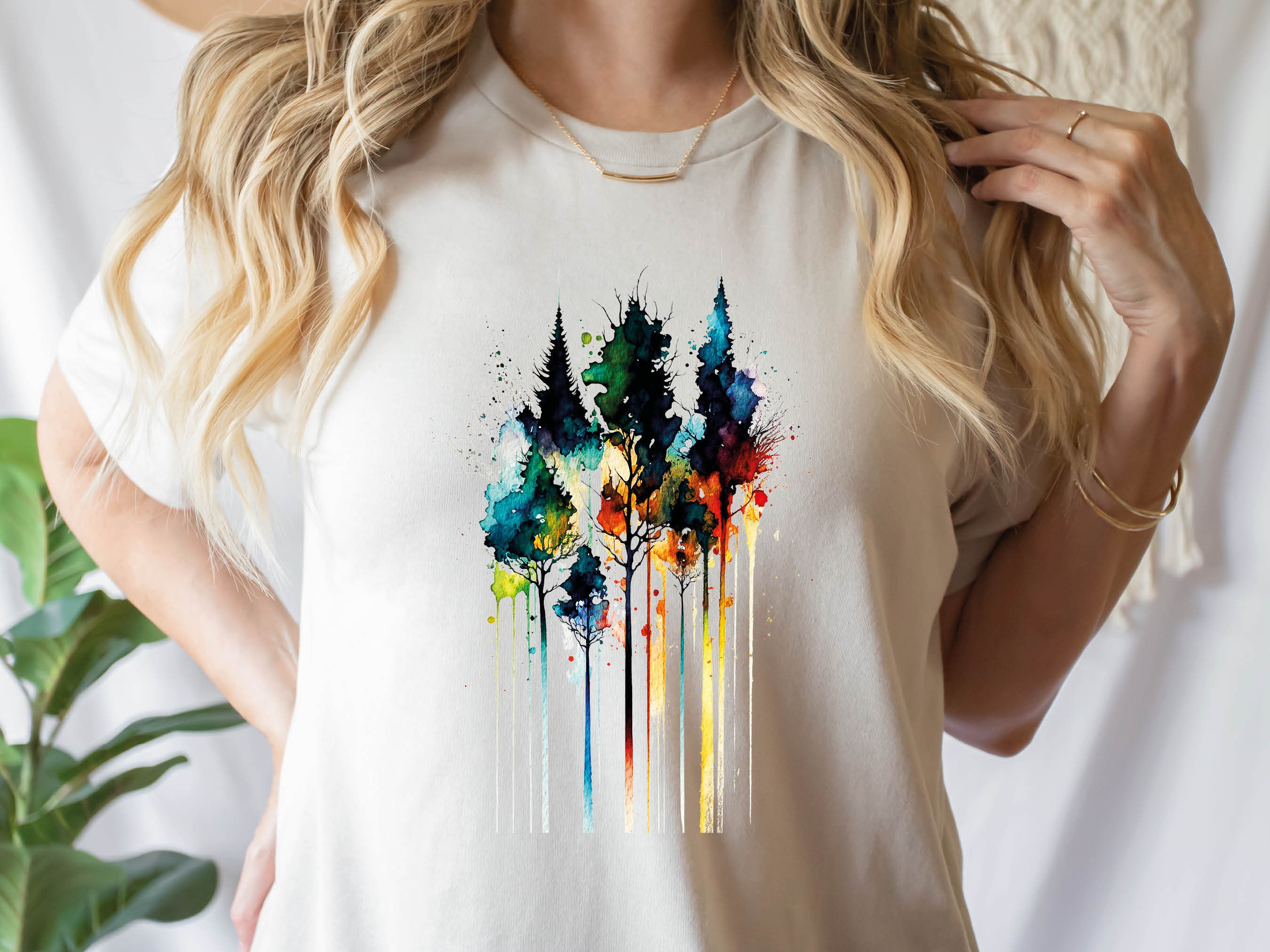 Watercolour Abstract Trees Painting Colourful Messy Loose Vibrant Colours Fir Tree Rainbow Nature Art Artists Gift Unisex Softstyle T-Shirt - View 3