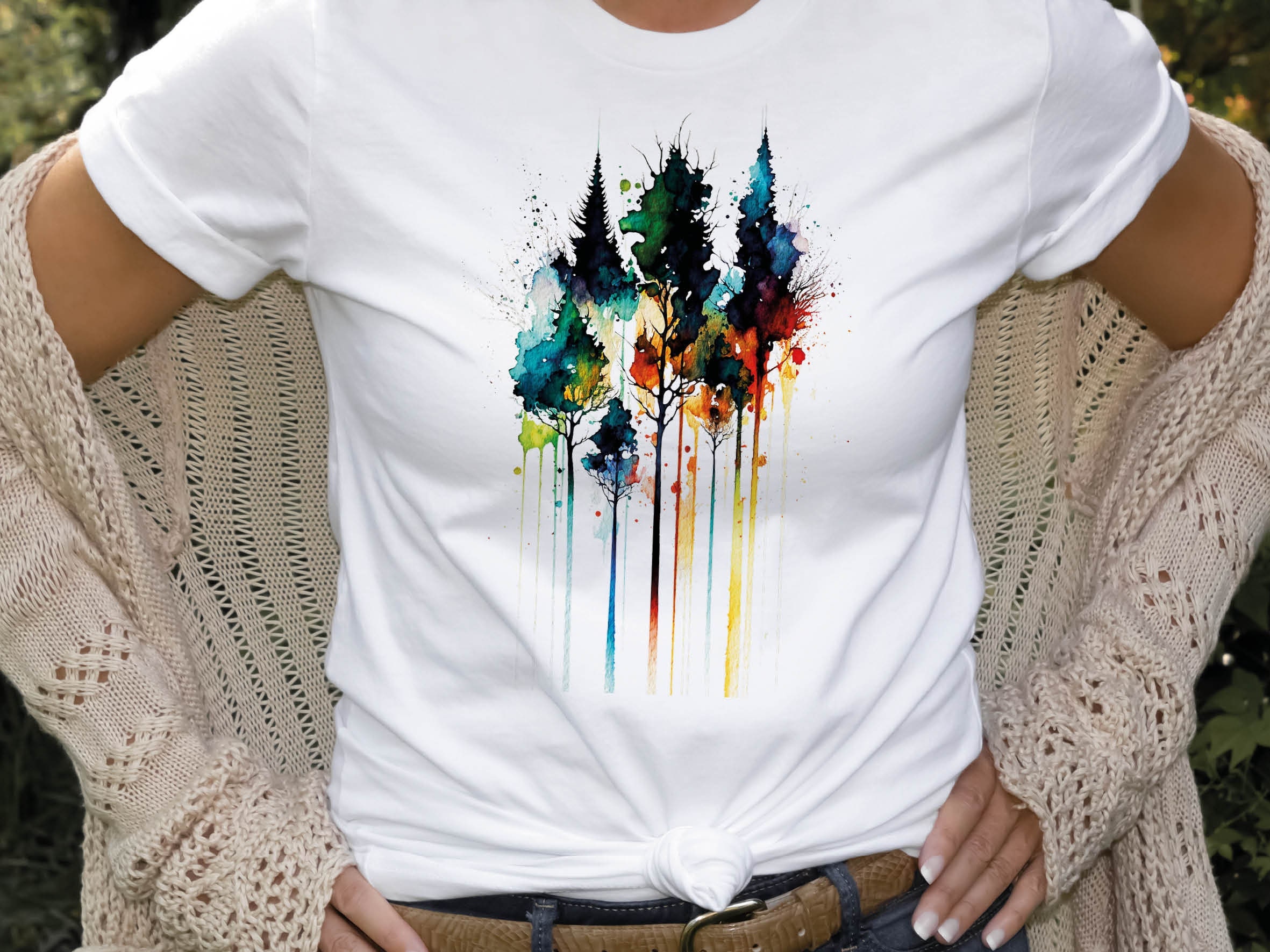 Watercolour Abstract Trees Painting Colourful Messy Loose Vibrant Colours Fir Tree Rainbow Nature Art Artists Gift Unisex Softstyle T-Shirt