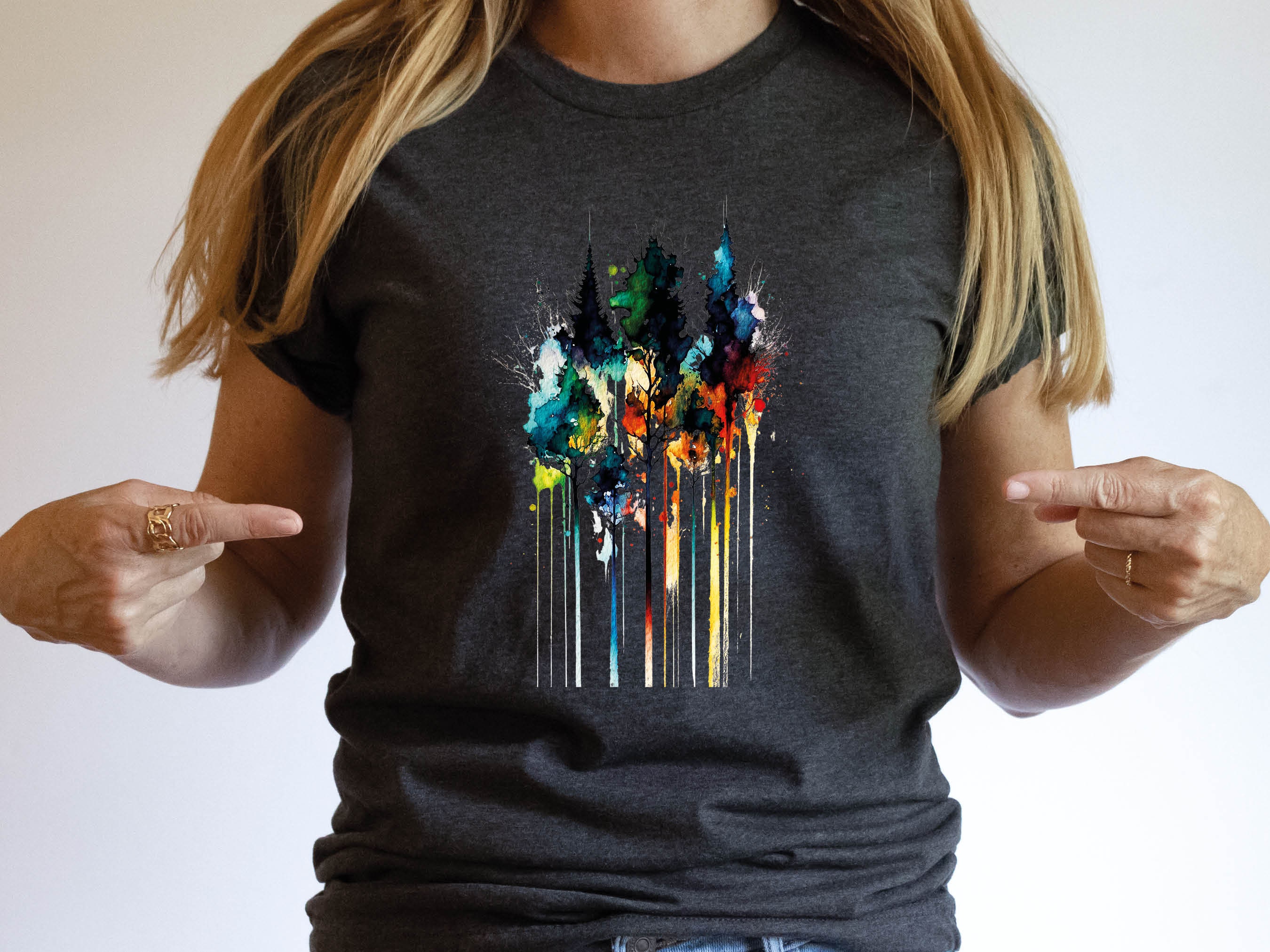 Watercolour Abstract Trees Painting Colourful Messy Loose Vibrant Colours Fir Tree Rainbow Nature Art Artists Gift Unisex Softstyle T-Shirt - View 5