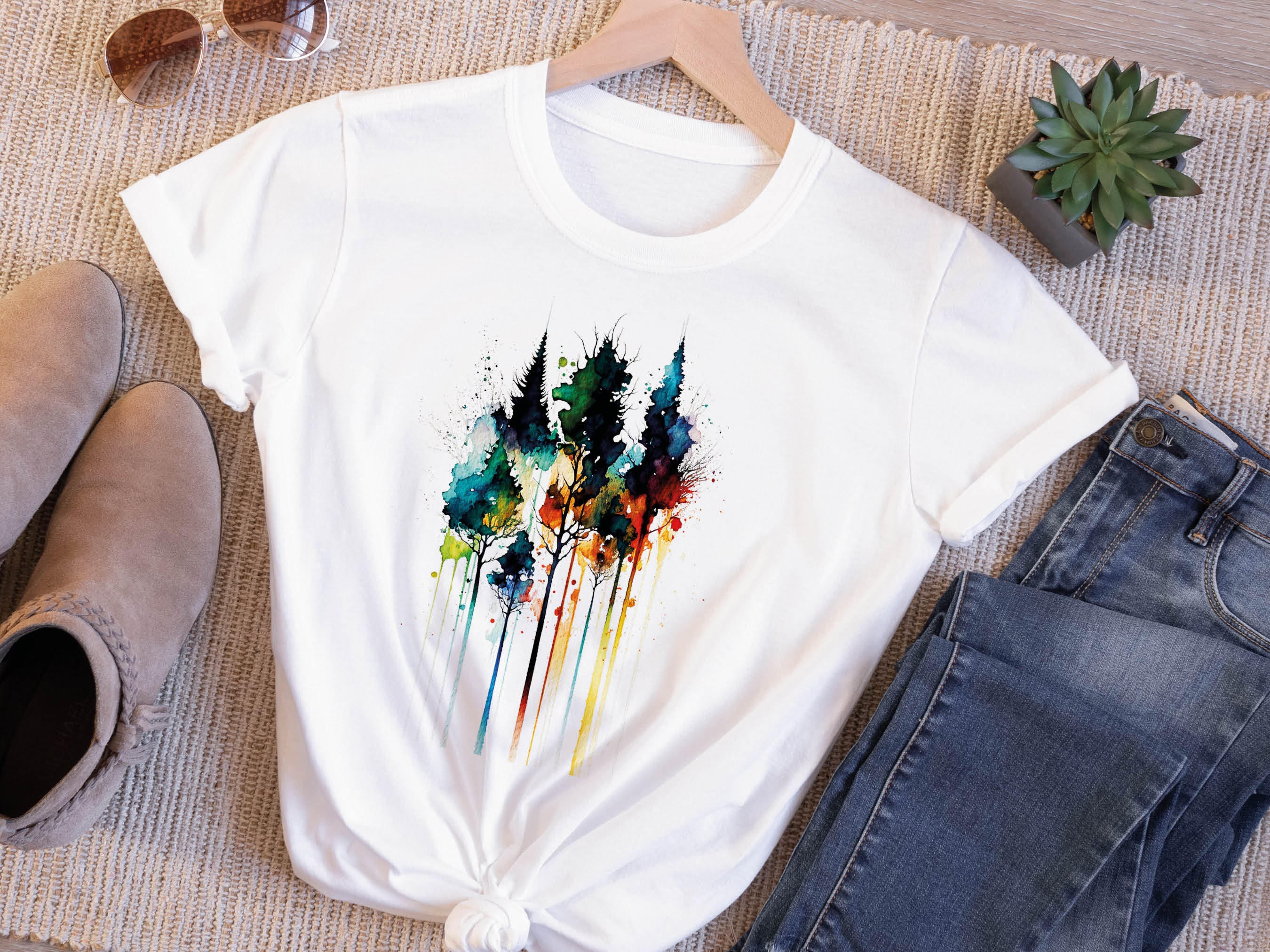 Watercolour Abstract Trees Painting Colourful Messy Loose Vibrant Colours Fir Tree Rainbow Nature Art Artists Gift Unisex Softstyle T-Shirt - View 6