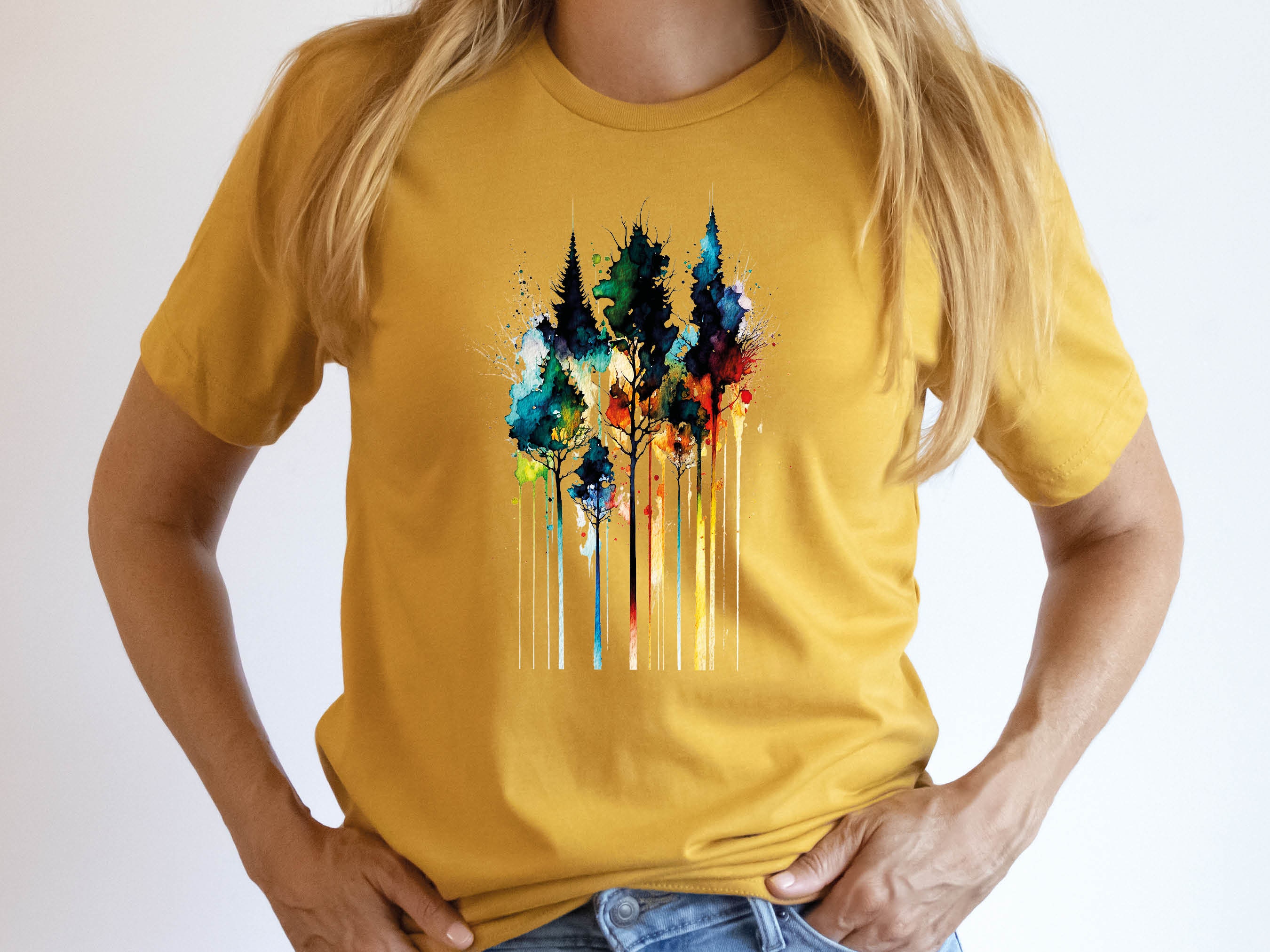 Watercolour Abstract Trees Painting Colourful Messy Loose Vibrant Colours Fir Tree Rainbow Nature Art Artists Gift Unisex Softstyle T-Shirt - View 7