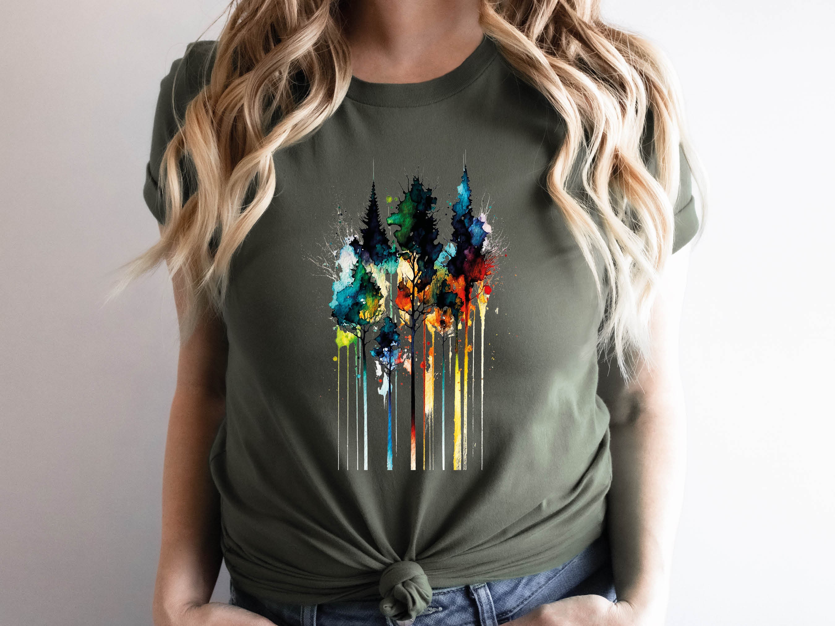 Watercolour Abstract Trees Painting Colourful Messy Loose Vibrant Colours Fir Tree Rainbow Nature Art Artists Gift Unisex Softstyle T-Shirt - View 4