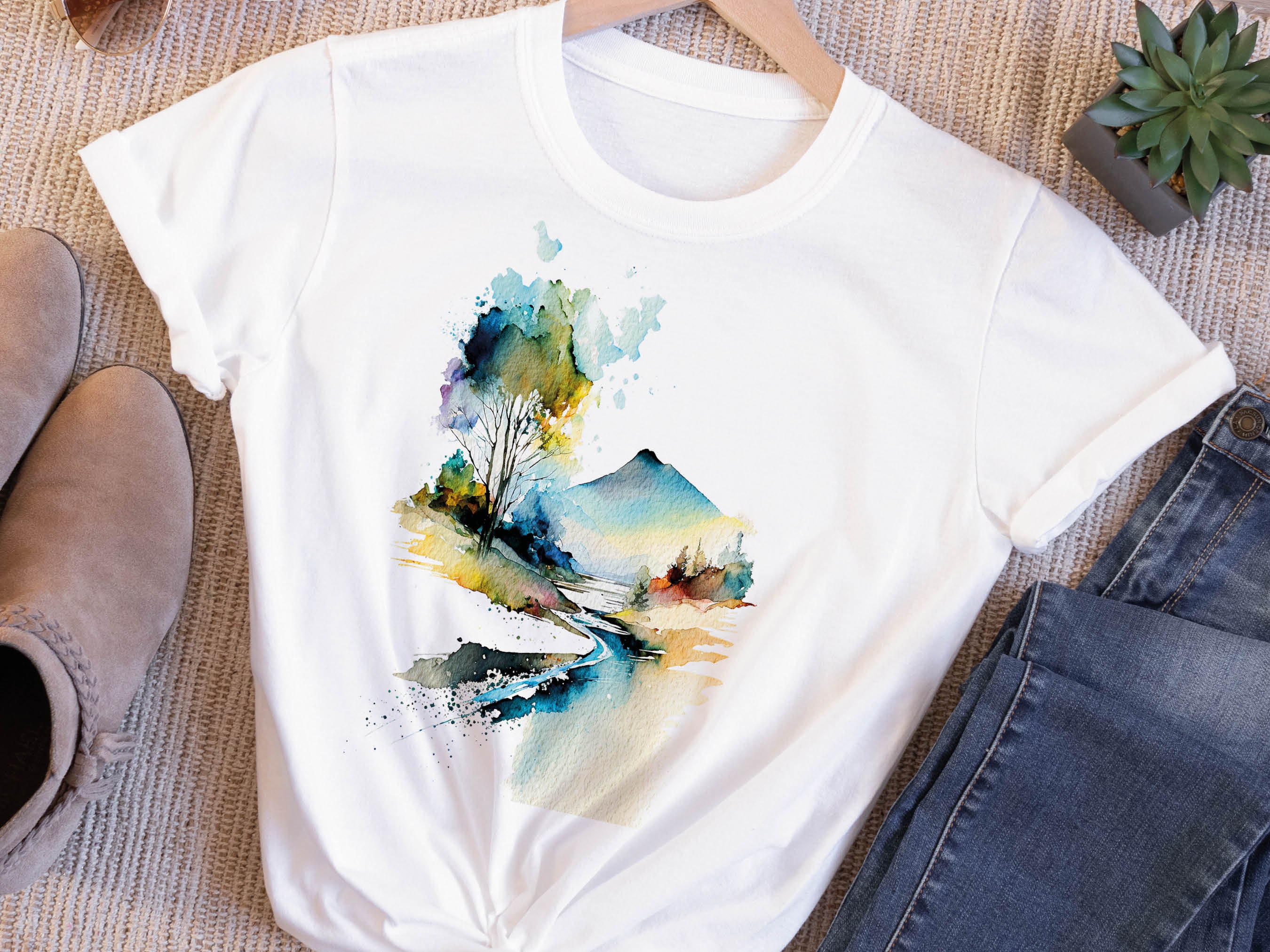 Watercolour Graphic Tee Abstract Volcano Shirt Mystical Landscape River Scene Wilderness Mountain Painting T-Shirt Gift for her Women Tshirt