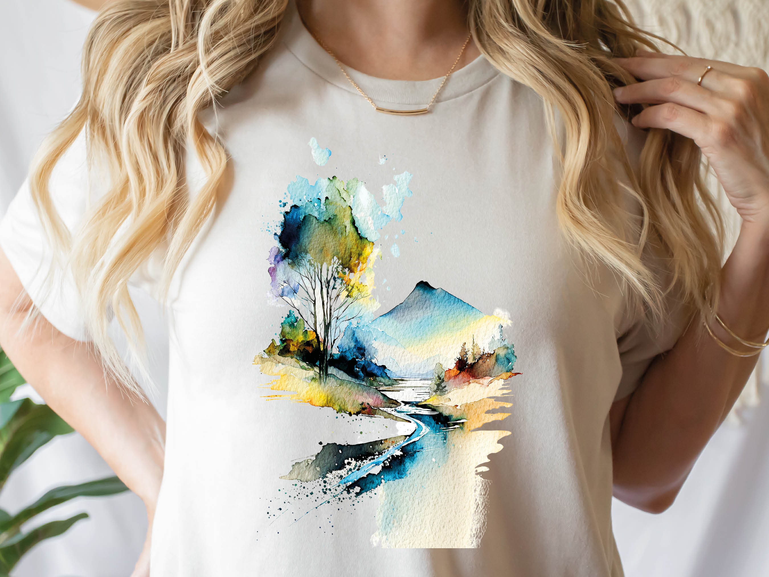 Watercolour Graphic Tee Abstract Volcano Shirt Mystical Landscape River Scene Wilderness Mountain Painting T-Shirt Gift for her Women Tshirt - View 3