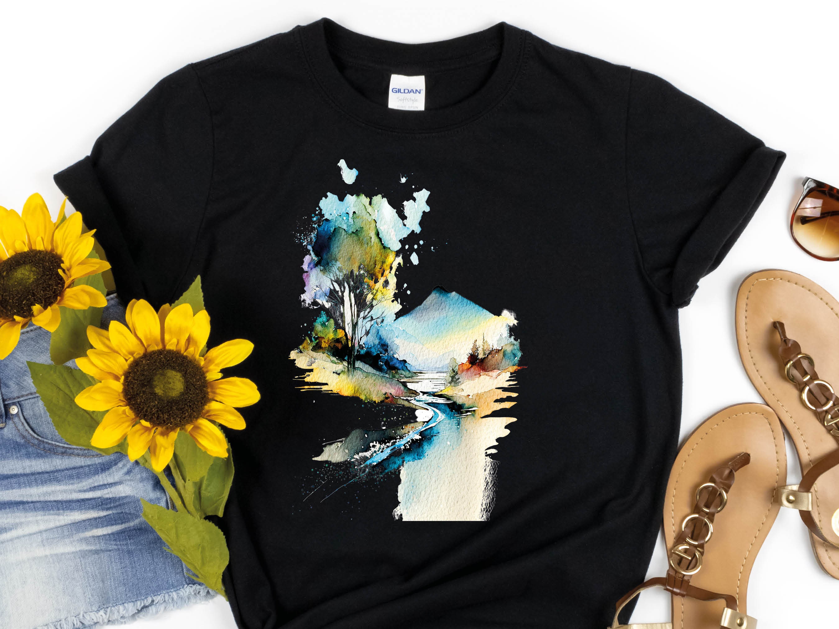 Watercolour Graphic Tee Abstract Volcano Shirt Mystical Landscape River Scene Wilderness Mountain Painting T-Shirt Gift for her Women Tshirt - View 4