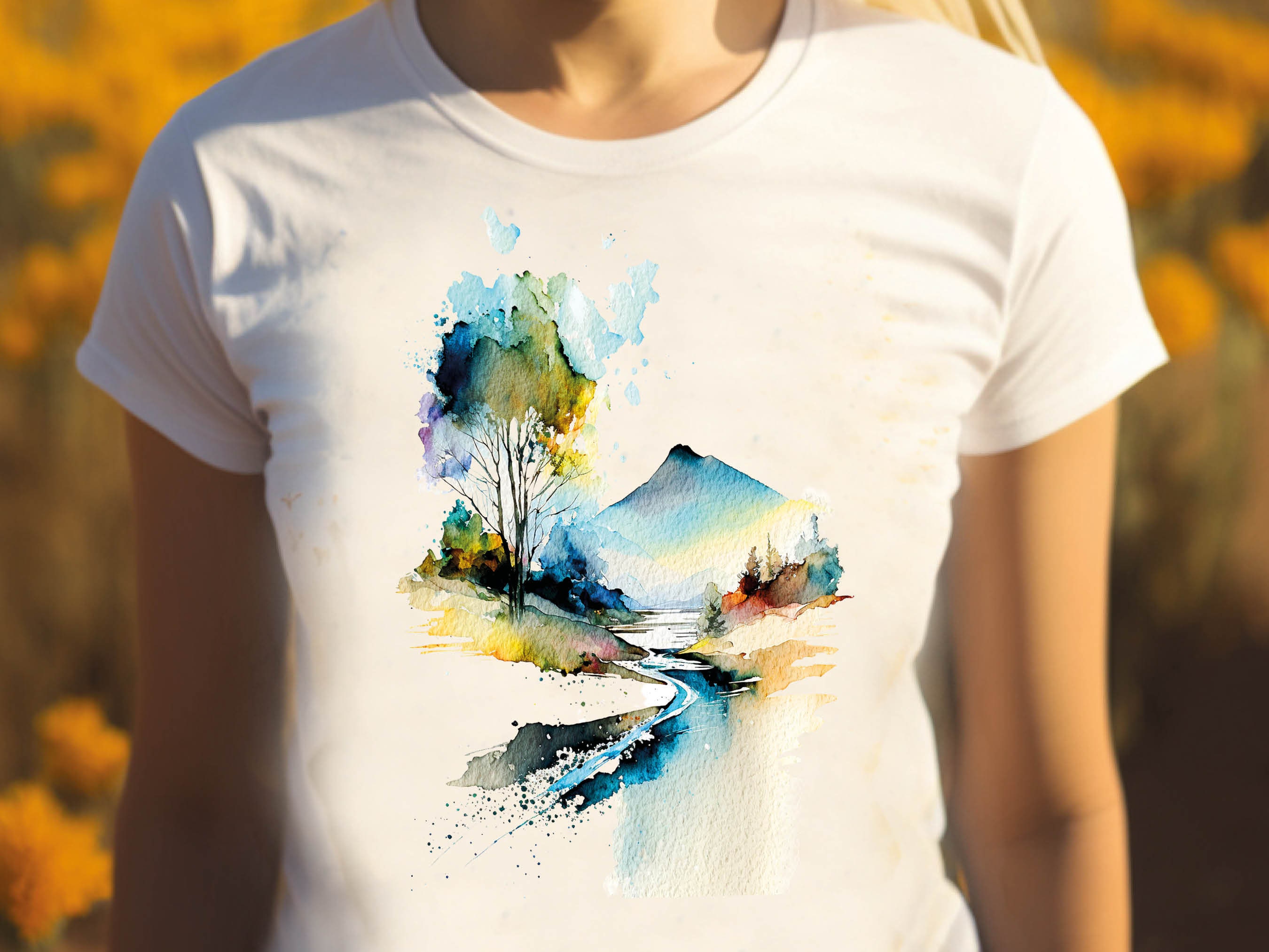 Watercolour Graphic Tee Abstract Volcano Shirt Mystical Landscape River Scene Wilderness Mountain Painting T-Shirt Gift for her Women Tshirt - View 5