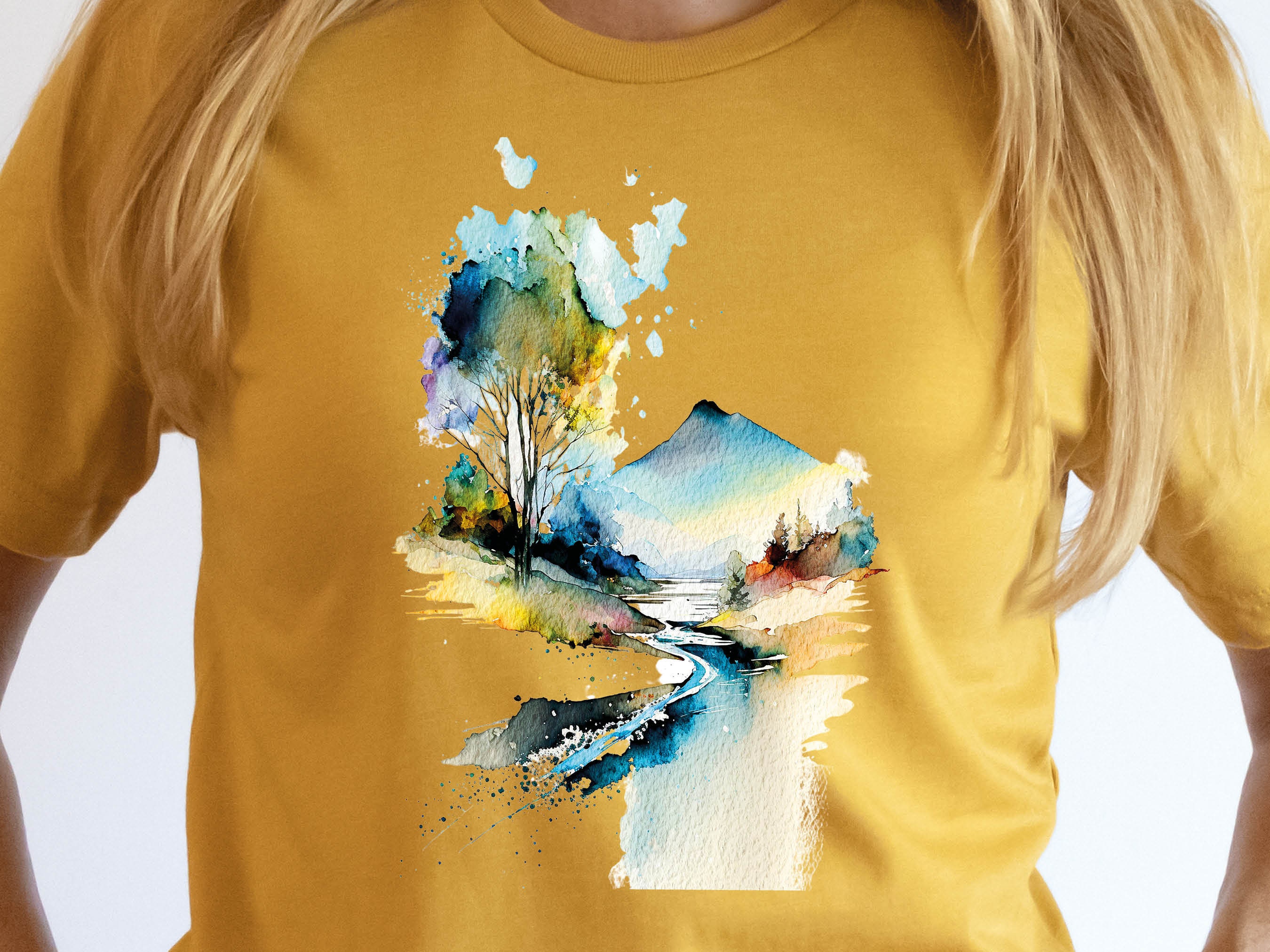 Watercolour Graphic Tee Abstract Volcano Shirt Mystical Landscape River Scene Wilderness Mountain Painting T-Shirt Gift for her Women Tshirt - View 6