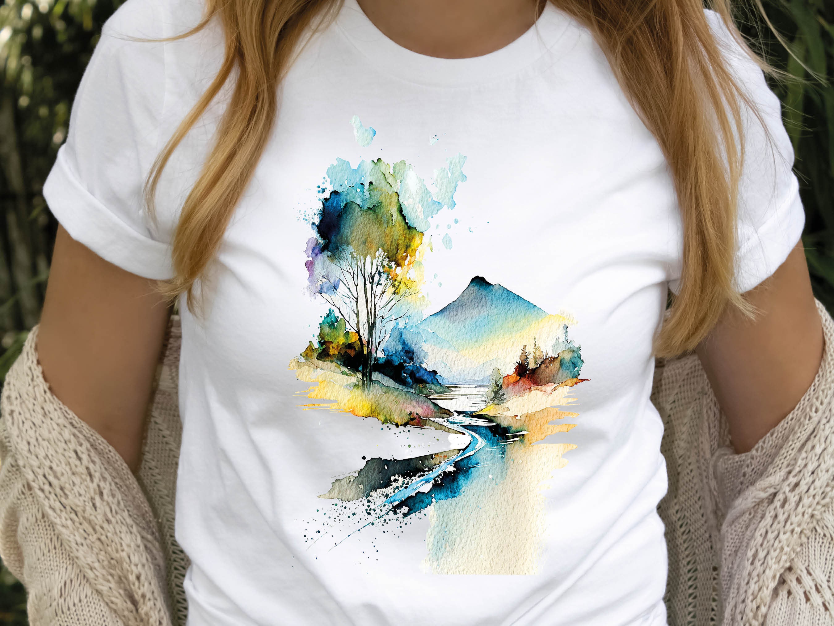 Watercolour Graphic Tee Abstract Volcano Shirt Mystical Landscape River Scene Wilderness Mountain Painting T-Shirt Gift for her Women Tshirt - View 7