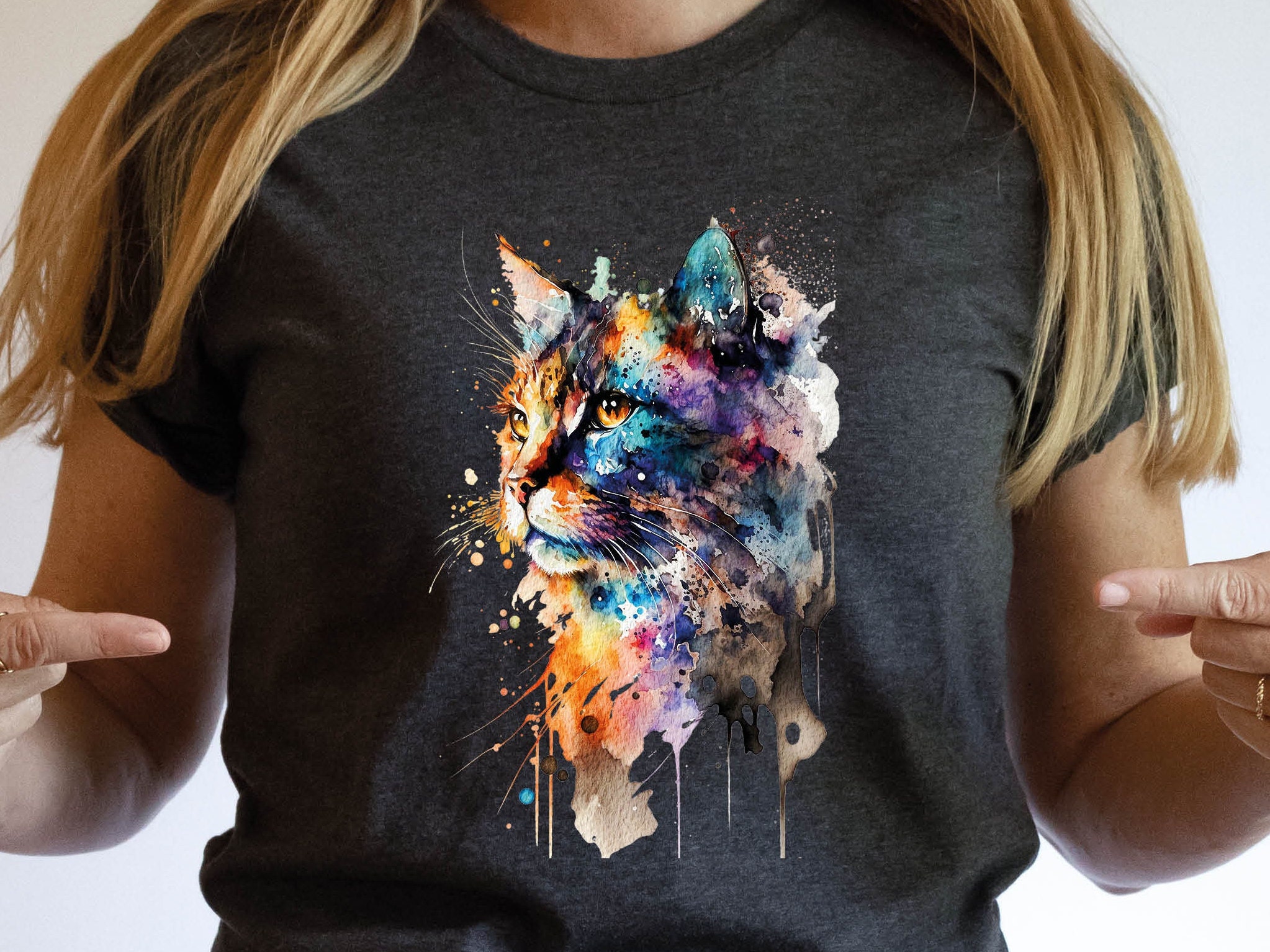 Watercolour Abstract Cat T-Shirt Whimsical Loose Painting Crazy Cat Lady Cats Lovers Gift Rainbow Colourful Art Artists Tee Softstyle Shirt