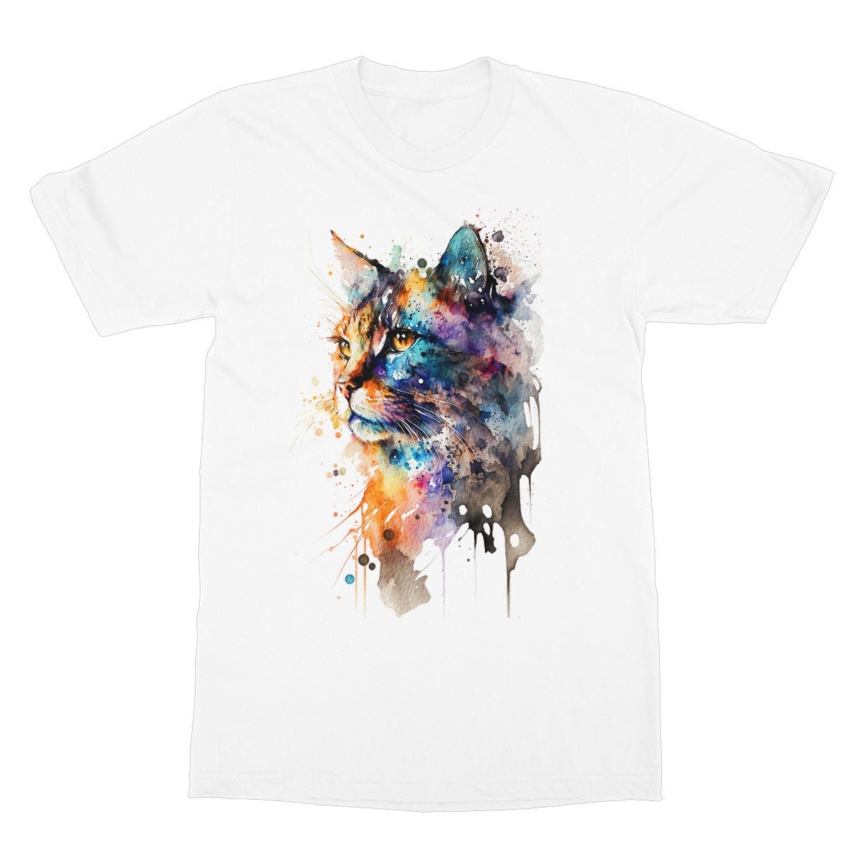 Watercolour Abstract Cat T-Shirt Whimsical Loose Painting Crazy Cat Lady Cats Lovers Gift Rainbow Colourful Art Artists Tee Softstyle Shirt - View 2