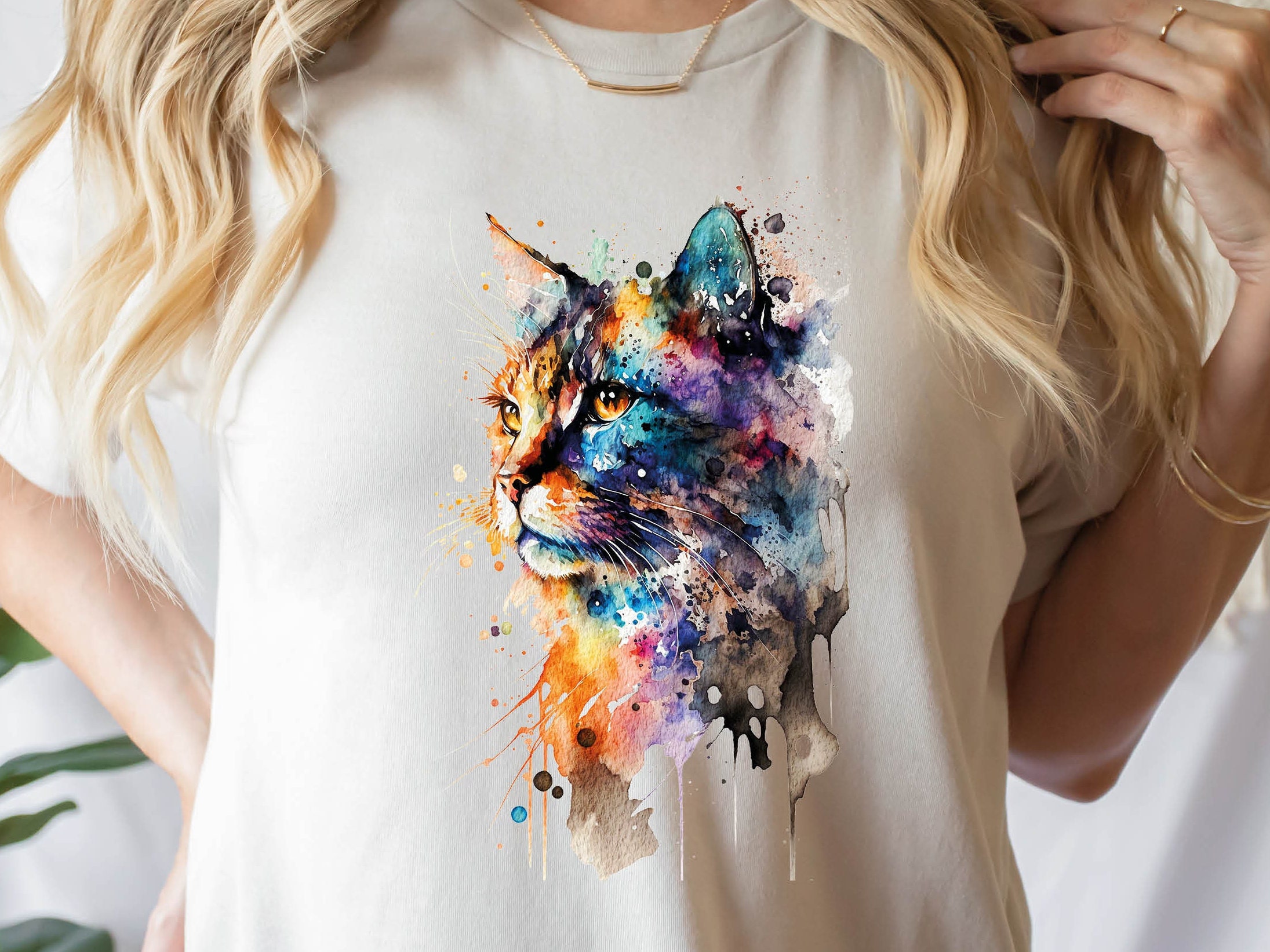 Watercolour Abstract Cat T-Shirt Whimsical Loose Painting Crazy Cat Lady Cats Lovers Gift Rainbow Colourful Art Artists Tee Softstyle Shirt - View 3