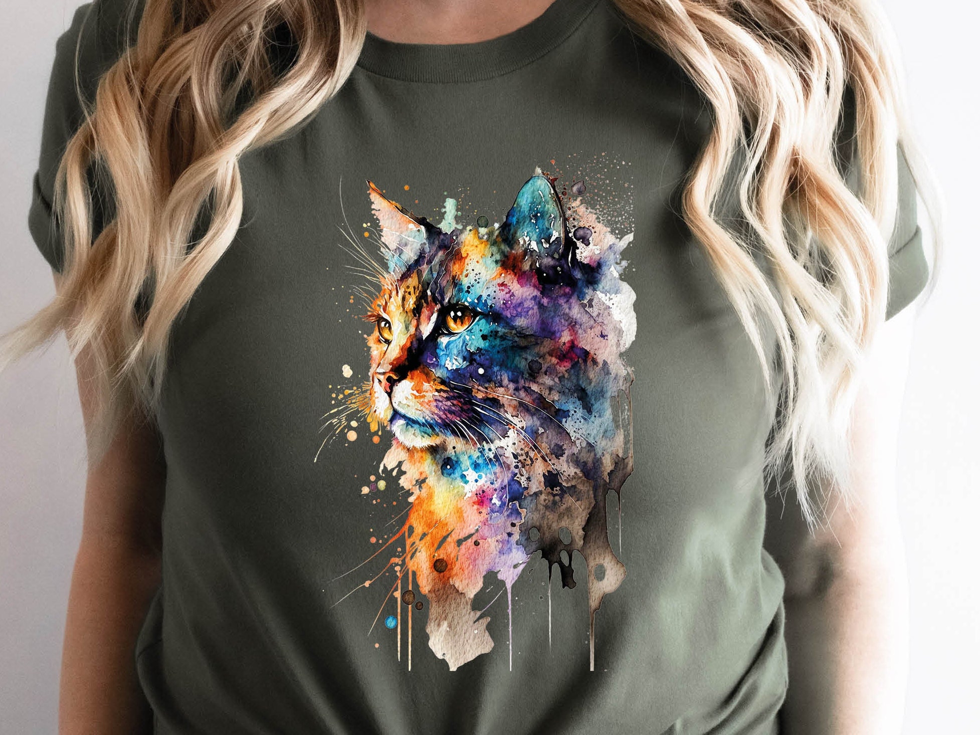 Watercolour Abstract Cat T-Shirt Whimsical Loose Painting Crazy Cat Lady Cats Lovers Gift Rainbow Colourful Art Artists Tee Softstyle Shirt - View 4