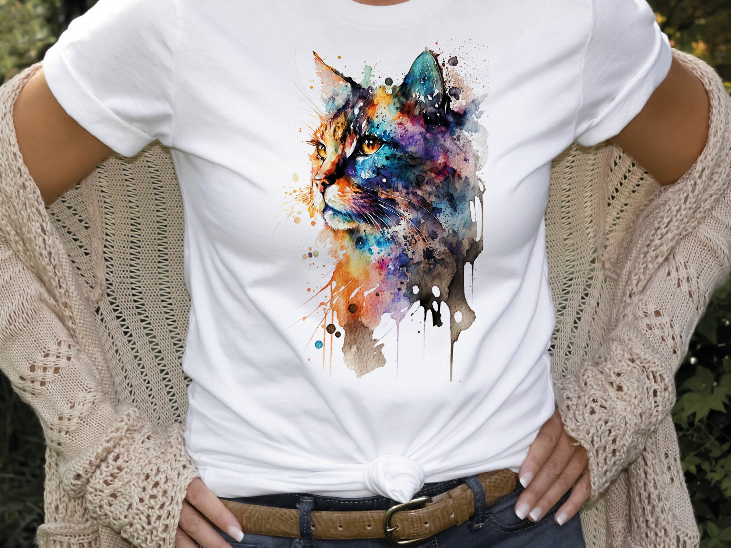 Watercolour Abstract Cat T-Shirt Whimsical Loose Painting Crazy Cat Lady Cats Lovers Gift Rainbow Colourful Art Artists Tee Softstyle Shirt - View 5