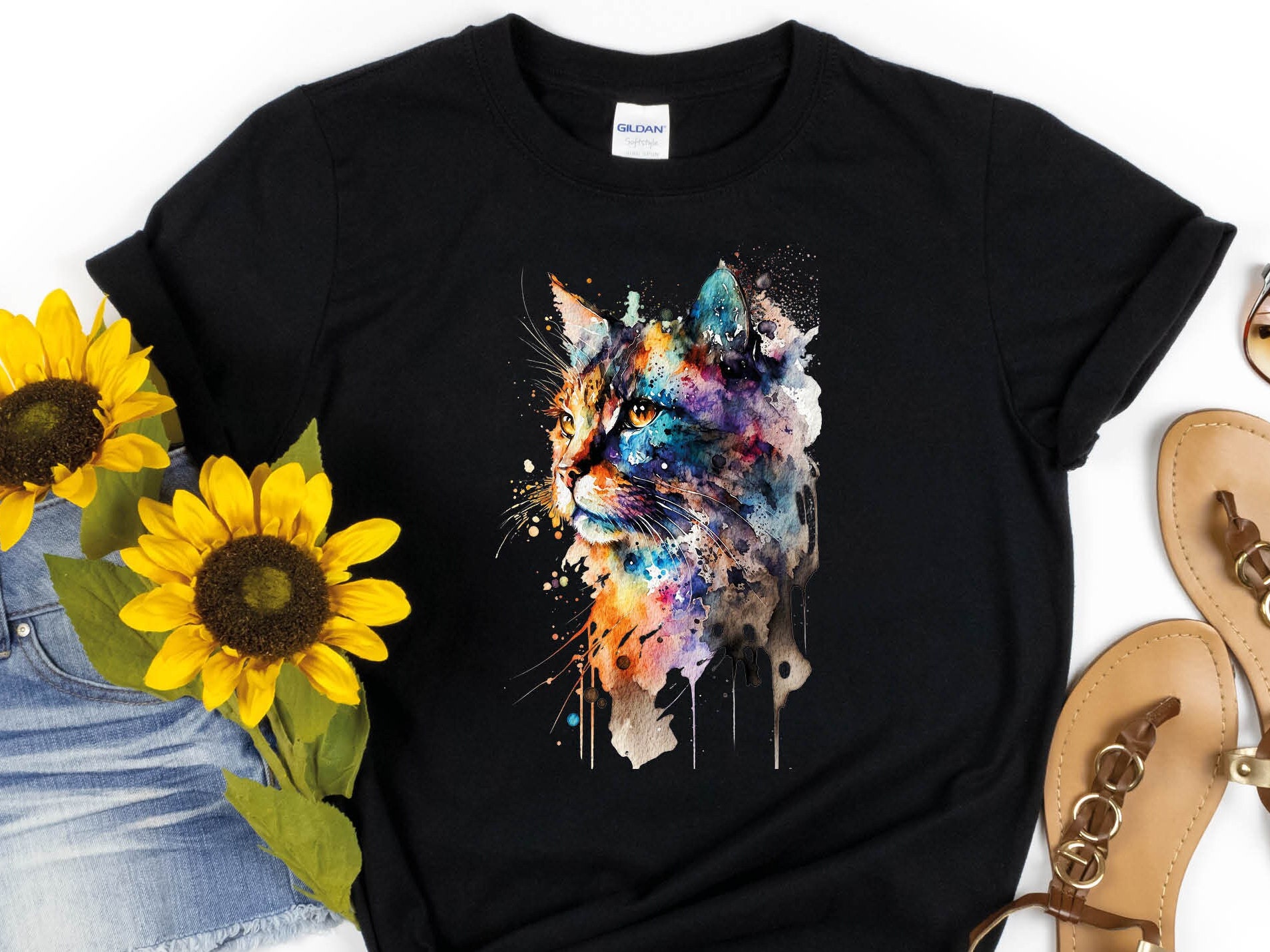 Watercolour Abstract Cat T-Shirt Whimsical Loose Painting Crazy Cat Lady Cats Lovers Gift Rainbow Colourful Art Artists Tee Softstyle Shirt - View 6